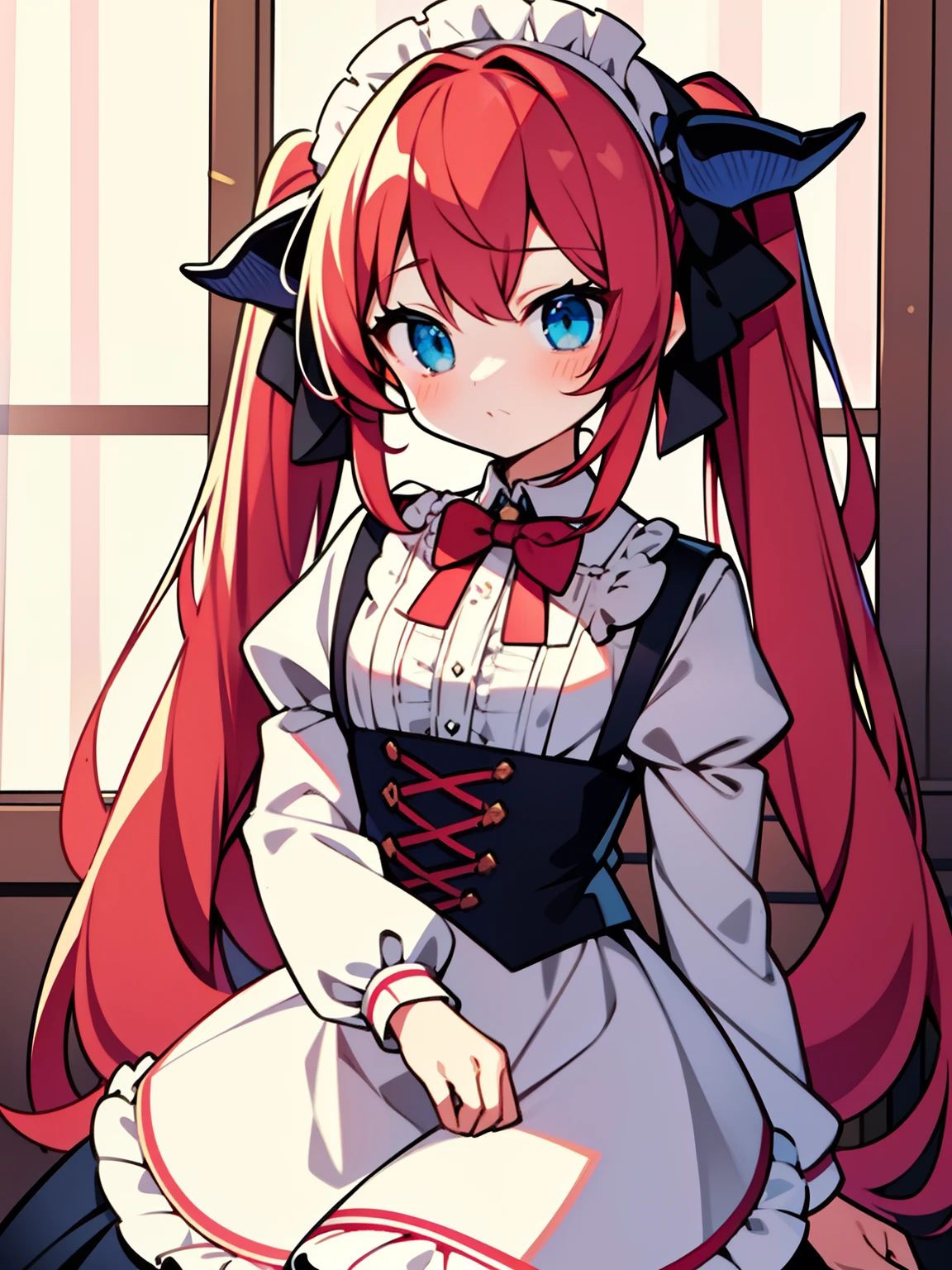 {{best quality}}, {{masterpiece}}, {{ultra-detailed}}, {illustration}, {detailed light}, red hair,blue eyes,twintails,lolita,Suspenders skirt,Fantastic,loli,solo,Dragon horns,little girl,long hair