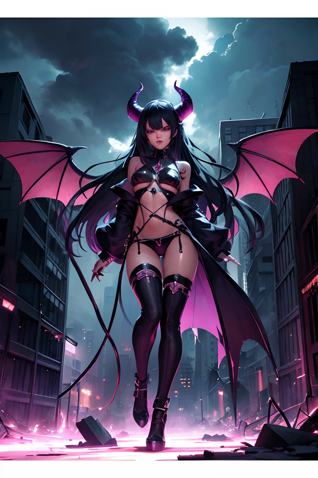 Rihanna hyper-giant, Hyper-powerful demon with two demon horns on his head and demon wings, Purple lightning fire on a building and shatters buildings , ville en ruine post apocalyptique,