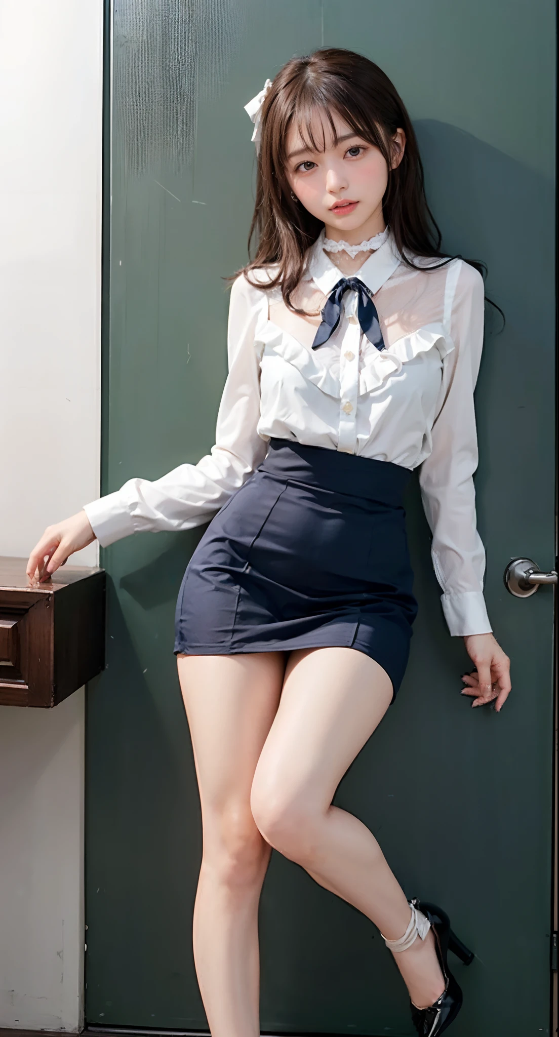 (((Kamimei、Mouth ajar))),(((((pencil skirts、frombelow、Standing on one leg、Black stockings、Navy blue recruit suit and skirt、White ruffled blouse with ribbon、high-heels、raise her legs))))),((In the office、In the company、In the reception room、frombelow))、masutepiece, 1girl in, best qualtiy, Ultra Detail, (shiny), (Small)、(((with blush cheeks,))),Ray tracing,Perfect Lighting, (milky skin:1.2),reflection,  up looking_で_viewer, blush, bow ribbon, Medium Curl Hair、yellow_Eyes, White choker, Low_Twin-tailed、Japan's cutest 28-year-old beautiful girl、Small ribbons in the hair、Contrast Legs