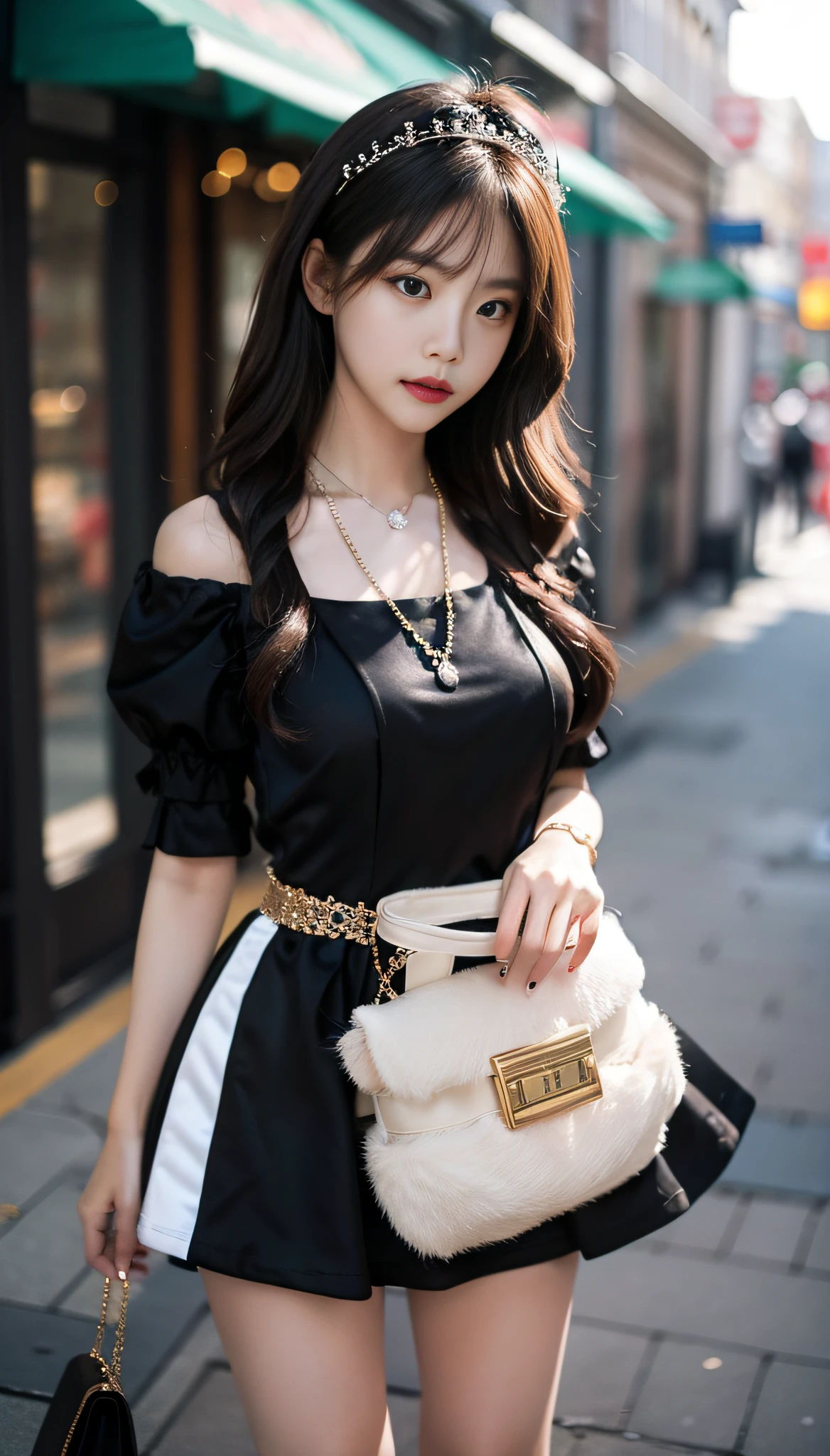A Korean girl on the street, fluffy hair, delicate face, realistic, real, large aperture, wearing a black princess dress, short princess dress, fluffy dress, with a black necklace, slim,