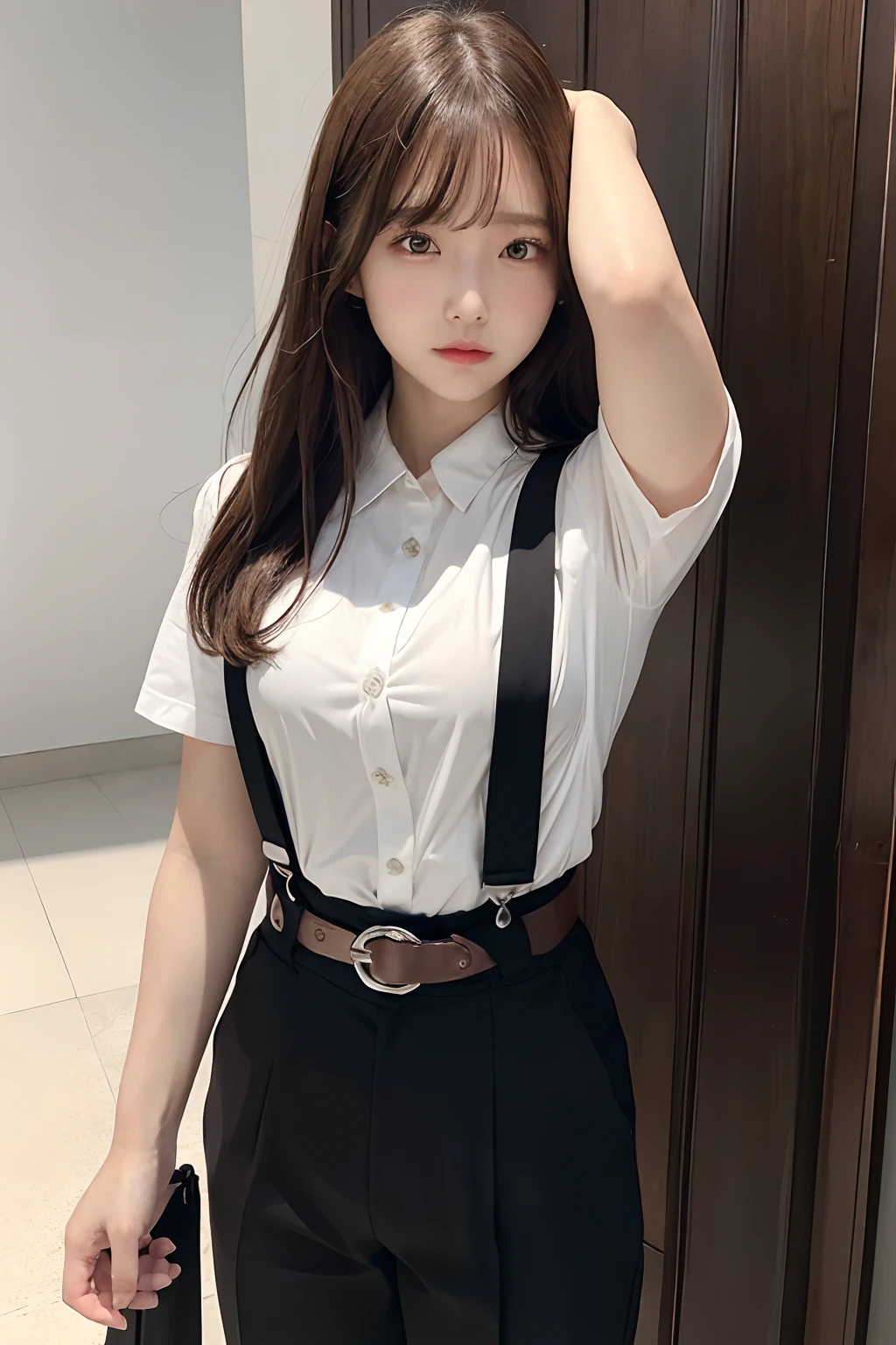 ​masterpiece、flat-colors、depth of fields、lens flare 1 girl、、Brown hair、watching at viewers　　　　a belt　black suspenders　　　huge-breasted　　　 　 Armpit sweat　perspiring　Side of both hands　　walls: 　Black pants, Black jacket holster　arm　Leg holster　　　arma　Gaze　　　Small face