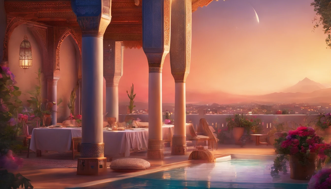 hyper realistic photography, Super detailed photos of beautiful Moroccan roofs, Woman crying into the field of vision, from behind, kneeling, weep, lone, Photorealista, Riad Roof (Riad Roof), View of Marrakech, Dazzling moon in the sky, iridescent, Hyper-Realism, Lamps in Morocco, Sexy, ultra photoreal, intricate detailes, ultra-detailliert, Stylish and photorealistic, Excellent high detail, hyper real photo, 8K, ultimate quallity, Beautiful roses, Exotic, Twinkling lights, magia, romantic, Moroccan Tea, mint leaf