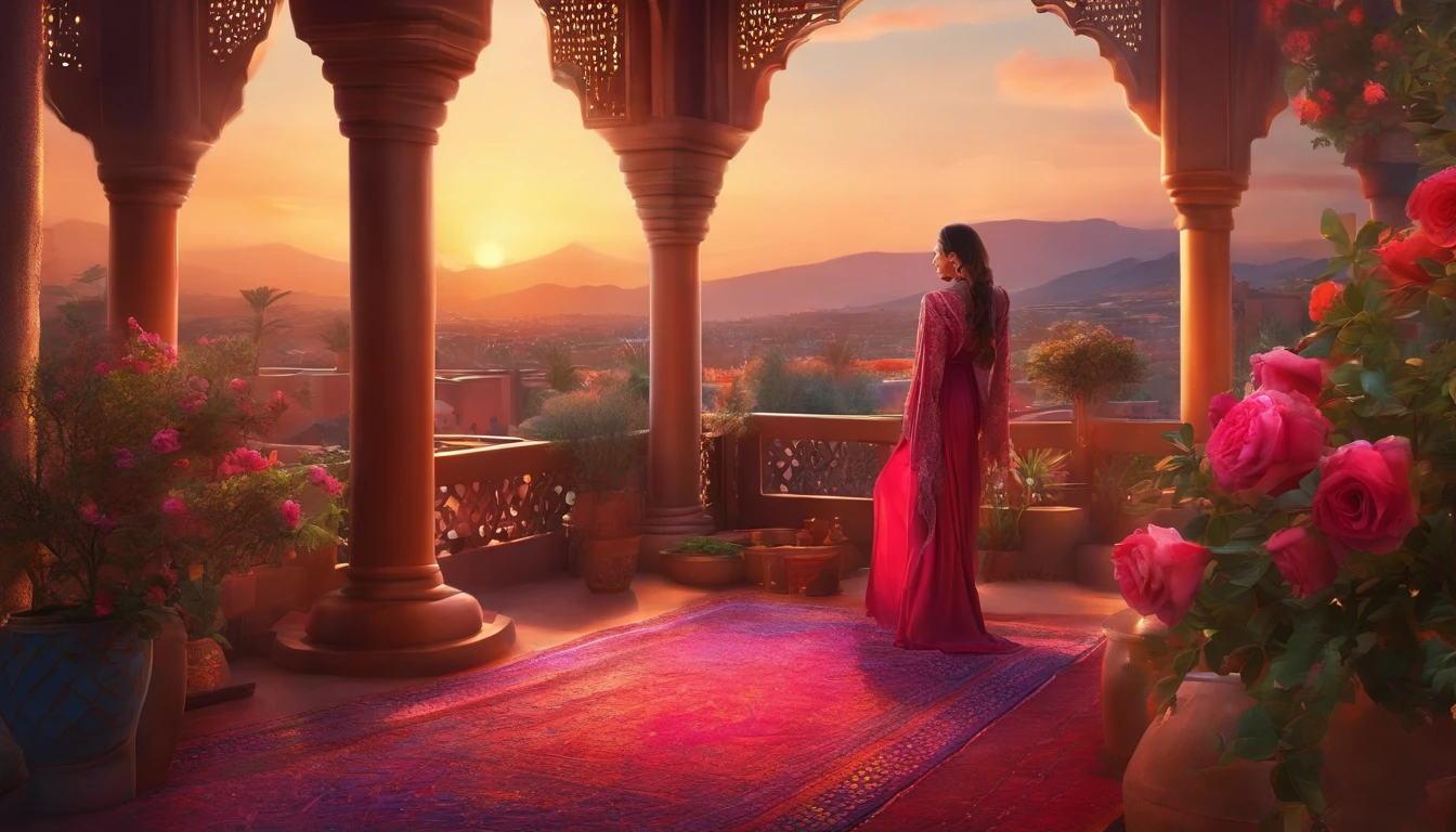 hyper realistic photography, Super detailed photos of beautiful Moroccan roofs, Woman crying into the field of vision, from behind, kneeling, weep, lone, Photorealista, Riad Roof (Riad Roof), View of Marrakech, Dazzling moon in the sky, iridescent, Hyper-Realism, Lamps in Morocco, Sexy, ultra photoreal, intricate detailes, ultra-detailliert, Stylish and photorealistic, Excellent high detail, hyper real photo, 8K, ultimate quallity, Beautiful roses, Exotic, Twinkling lights, magia, romantic, Moroccan Tea, mint leaf