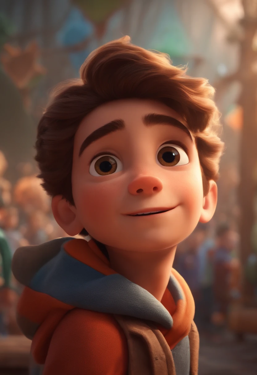 Image of a boy for a story in a YouTube video in Pixar format, He's the little allabester, He's the class leader, He's outgoing, Playful and gets up for a lot of things, cabelo curto