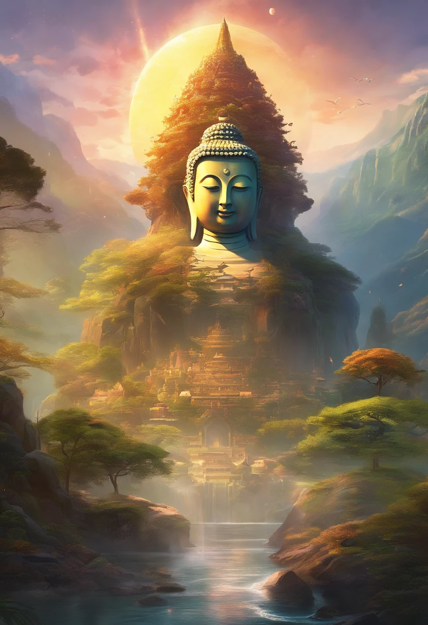 A giant, Realistic depiction of Leshan Buddha, Blend seamlessly with nature, surrealism, Ultra-detailed, Photorealistic:1.37, 3D rendering, Cinematic lighting, Divine light, Ultra-high definition, Masterpiece:1.2, Textured skin, Best quality, high resolution