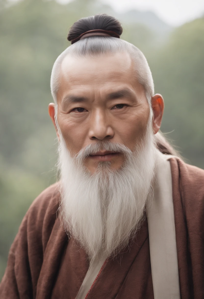 an old man with a long beard and a white beard, Taoist,There is a bun on the top of the head,Use mahogany hairpins,Monk customs,full bodyesbian,inspired by Wu Daozi, monk portrait, Taoist master, portrait photo of an old man, Inspired by Hu Zaobin, inspired by Hu Zao, Long white beard, inspired by Li Cheng,high-definition picture quality