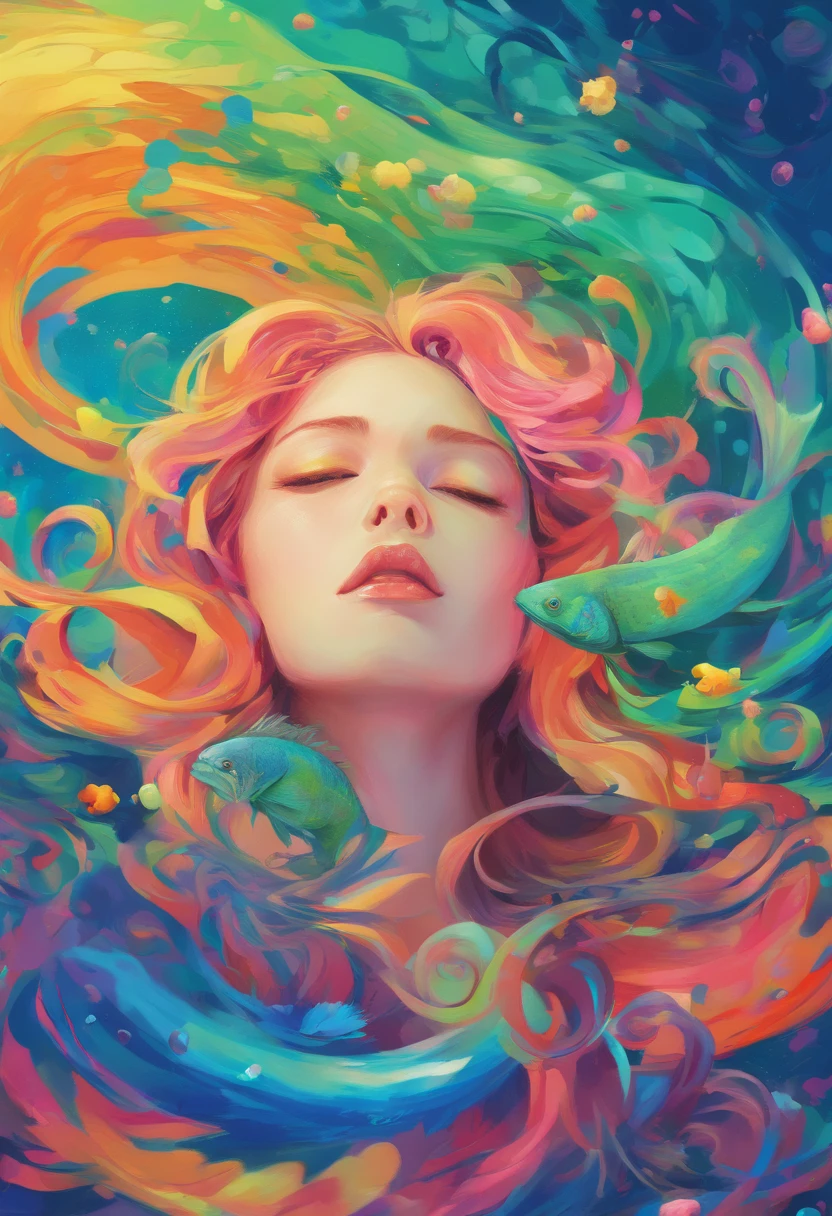 ((top-quality, 8K)), (Realistic), (Face focus: 1.1), (Blue and green: 1.3), kawaii girl, with long coiled hair, multicolour, Colorful,
Hair fluttering in the wind, Facing to the side, Look up at your face, The mouth is slightly open,Eyes closed, Skirt, d-cup breasts, Countless soap bubbles,gold fish