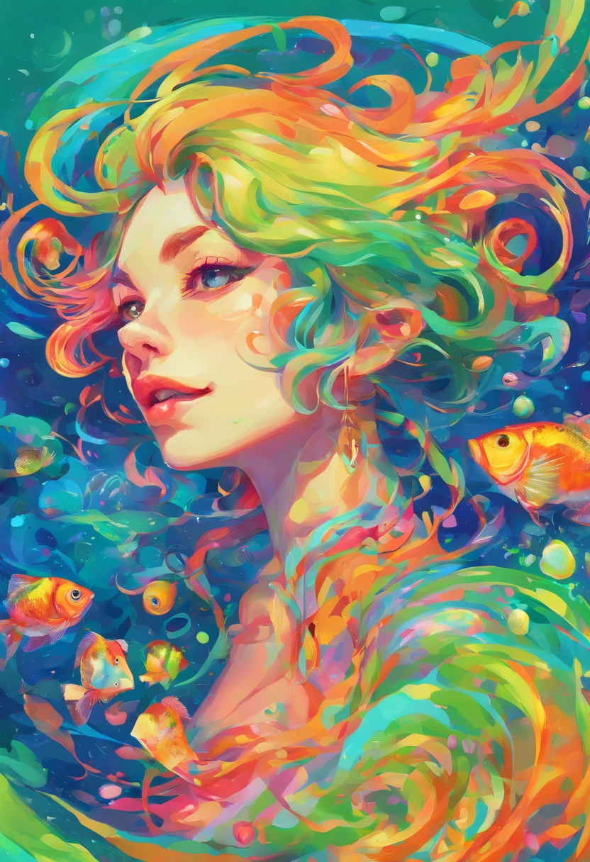 ((top-quality, 8K)), (Realistic), (Face focus: 1.1), (Blue and green: 1.3), kawaii girl, with long coiled hair, multicolour, Colorful,
Hair fluttering in the wind, Facing to the side, Look up at your face, The mouth is slightly open,Eyes closed, Skirt, d-cup breasts, Countless soap bubbles,gold fish