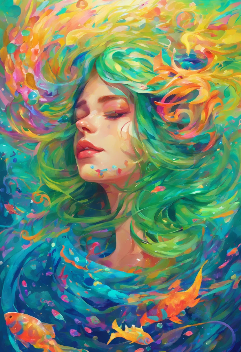 ((top-quality, 8K)), (Realistic), (Face focus: 1.1), (Blue and green: 1.3), kawaii girl, with long coiled hair, multicolour, Colorful,
Hair fluttering in the wind, Facing to the side, Look up at your face, The mouth is slightly open,Eyes closed, Skirt, d-cup breasts, Countless soap bubbles,gold fish