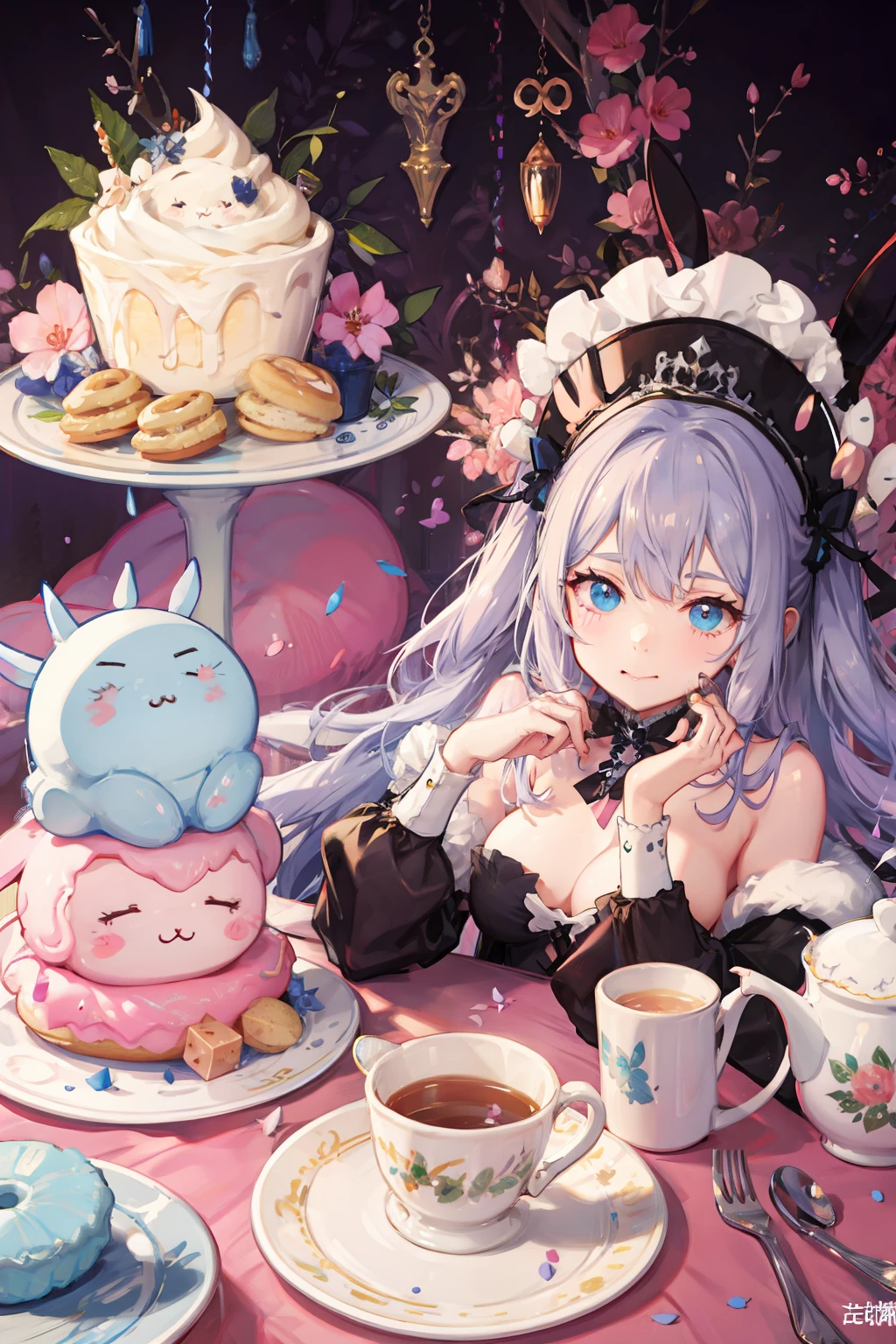 (Cute illustration:1.5), Surrounded by cute little rabbits , Cute little girl with rabbit ears, Hair color is pink , Blue pastel color outfit、Hug a fluffy white rabbit、tea parties、a cake、 macaroons、donut、cookies、black tea、cute little、Cute 、Dolce、fluffly、Dolce、Pale shades