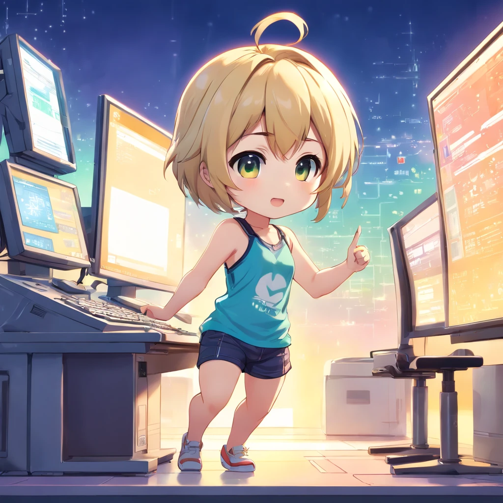 ((Chibi girl playing computer))、Blonde Shorthair Chibi、Pixie Cut Chibi、Chibi in shorts, Chibi,