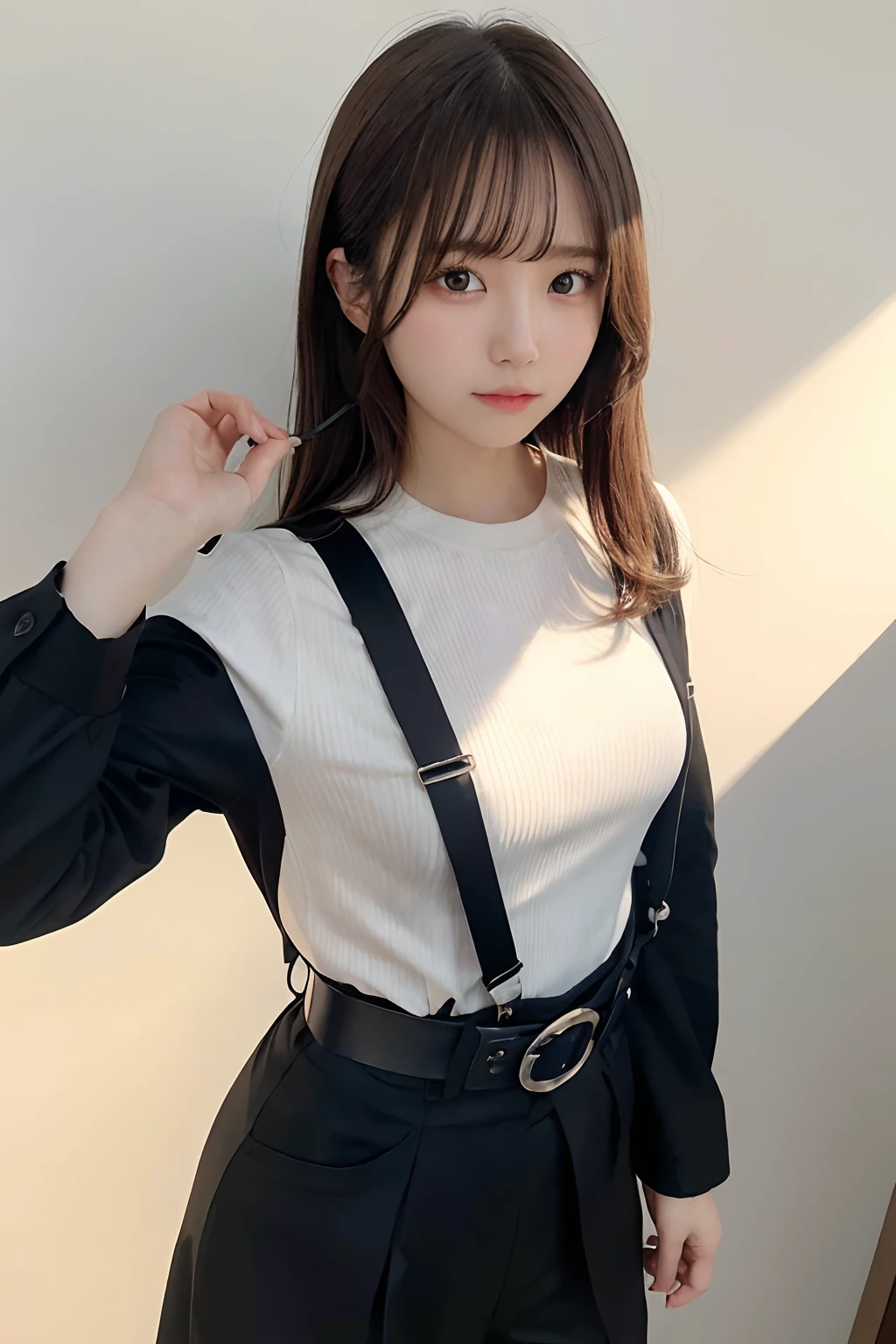 ​masterpiece、flat-colors、depth of fields、lens flare 1 girl、、Brown hair、watching at viewers　　　　a belt　black suspenders　　　huge-breasted　　　 　 Armpit sweat　perspiring　Side of both hands　　walls: 　Black pants, Black jacket holster　arm　Leg holster　　　arma　Gaze　　　Small face