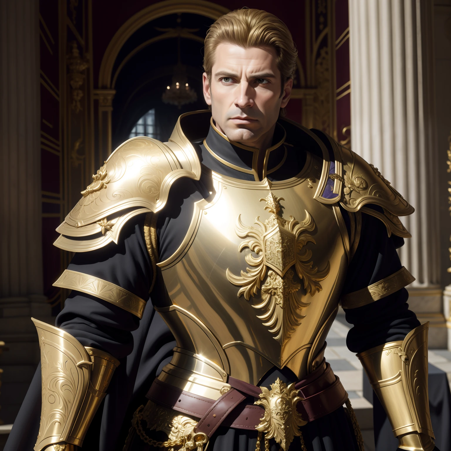 ultra realistic 8k cg, Parfait, propre, Masterpiece, professional artwork, famous artwork, Cheveux courts, (palais), 30 ans, homme fort, chevalier, paladin, majesty, Determined look, fantaisie, unreal, Wearing a heavy golden breastplate, Highly detailed full armor, Golden Shoulder Pads, Gold forearm guards, Highly detailed engraved armor, Castle in the background