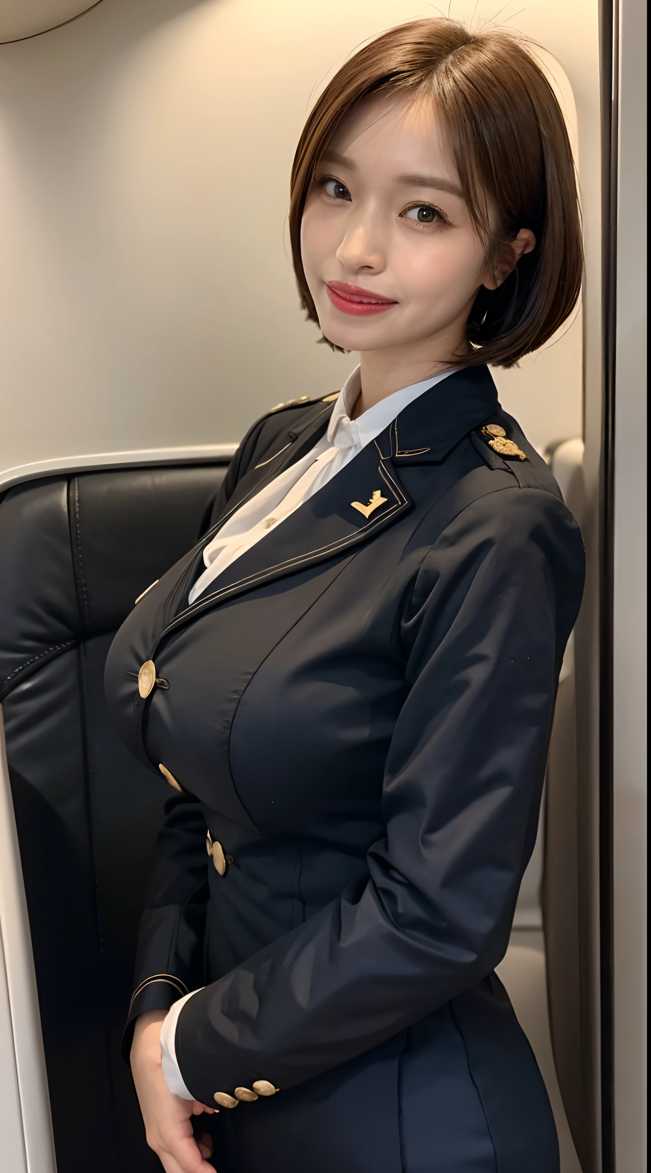 (1 Ultimate Beautiful Mature Woman), Solo, (Cabin Attendant Uniform:1.3), Smile, (fluffy brown eyes), (Beautiful face), (Black short hair), (Huge breasts:1.3), (Detailed face), Detailed lips, Detailed face, Detailed chest, detail, Perfect body, Standing, Cowboy Shot, ((Background: in an Japanese airline)), 8K, of the highest quality, Intricate details, Ultra Detail, Ultra High Resolution, masterpiece,