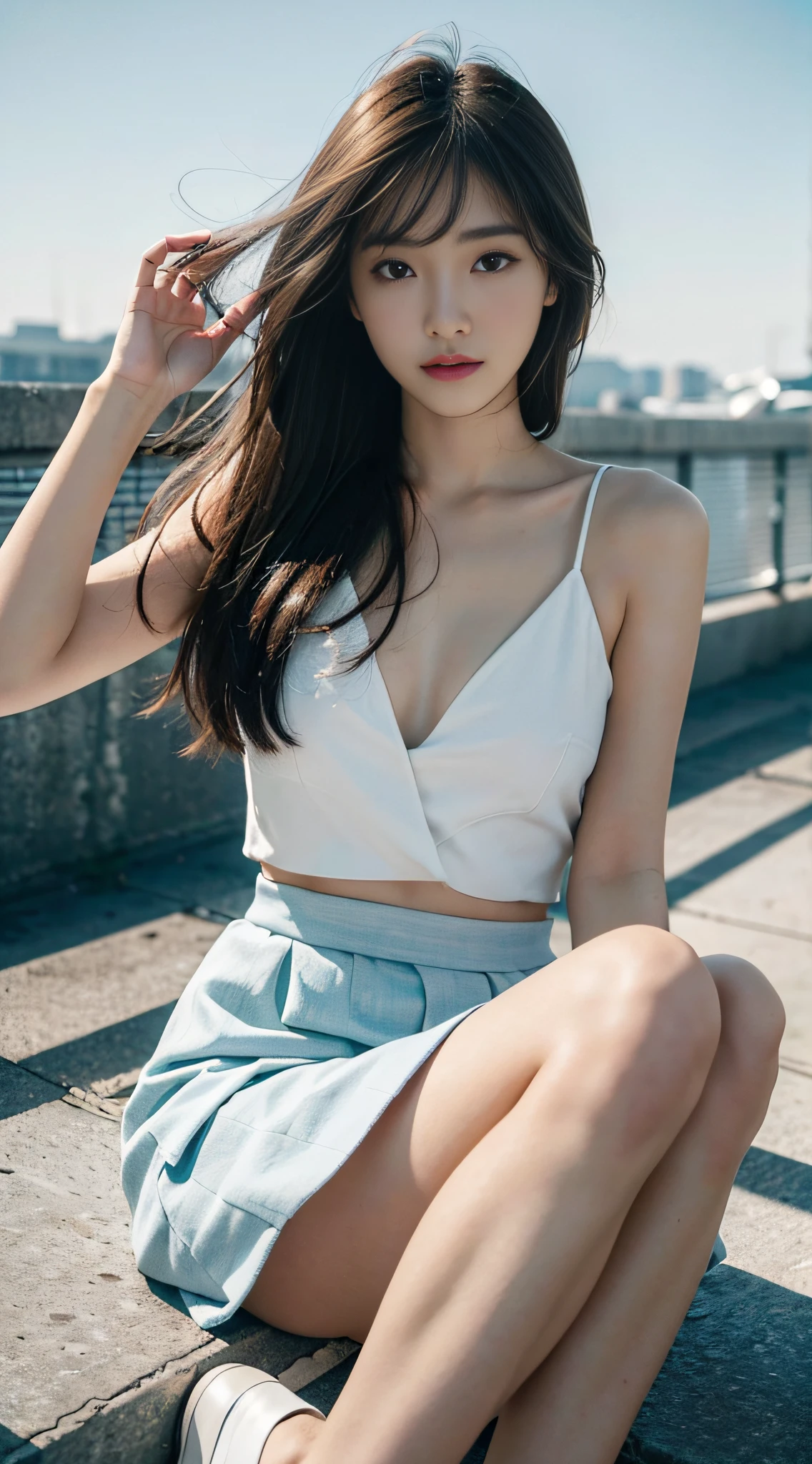 top Quority,Ultra-clear resolution,Clear eyes,plain face,s the perfect face,White skin,Perfect chest,with perfect legs,Random color style skirt,Random environment