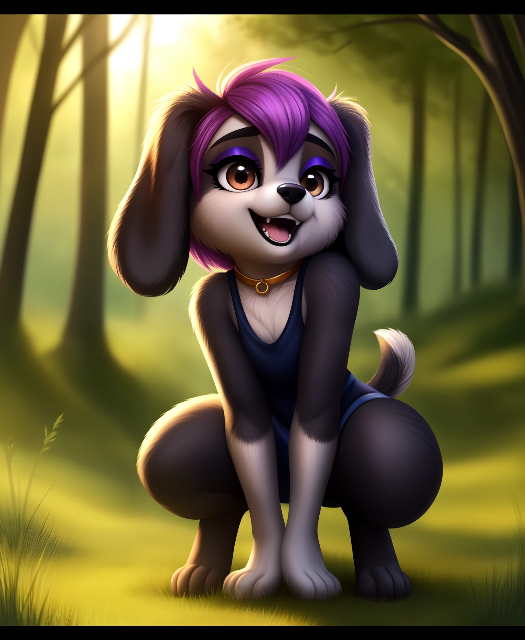 humanoid face, cute female anthro dog, (detailed silky dog fur:1.2), (dog fur), dog ears and nose, BREAK, solo, looking at viewer, outdoors, forest, early morning, blurry background, blurry foreground, BREAK, 1girl, charcoal colored hair, stacked bob hair, detailed humanoid glossy brown eyes, glitter eyeshadow, rounded eyebrows, cute ,, aesthetic, excessive laughter, eyes squinted, mouth wide, head thrown back, body shaking, full body, squatting, hands on hips, spread legs, BREAK, detail, lifelike textures, smooth textures, matte textures, glossy textures, edgQuality,