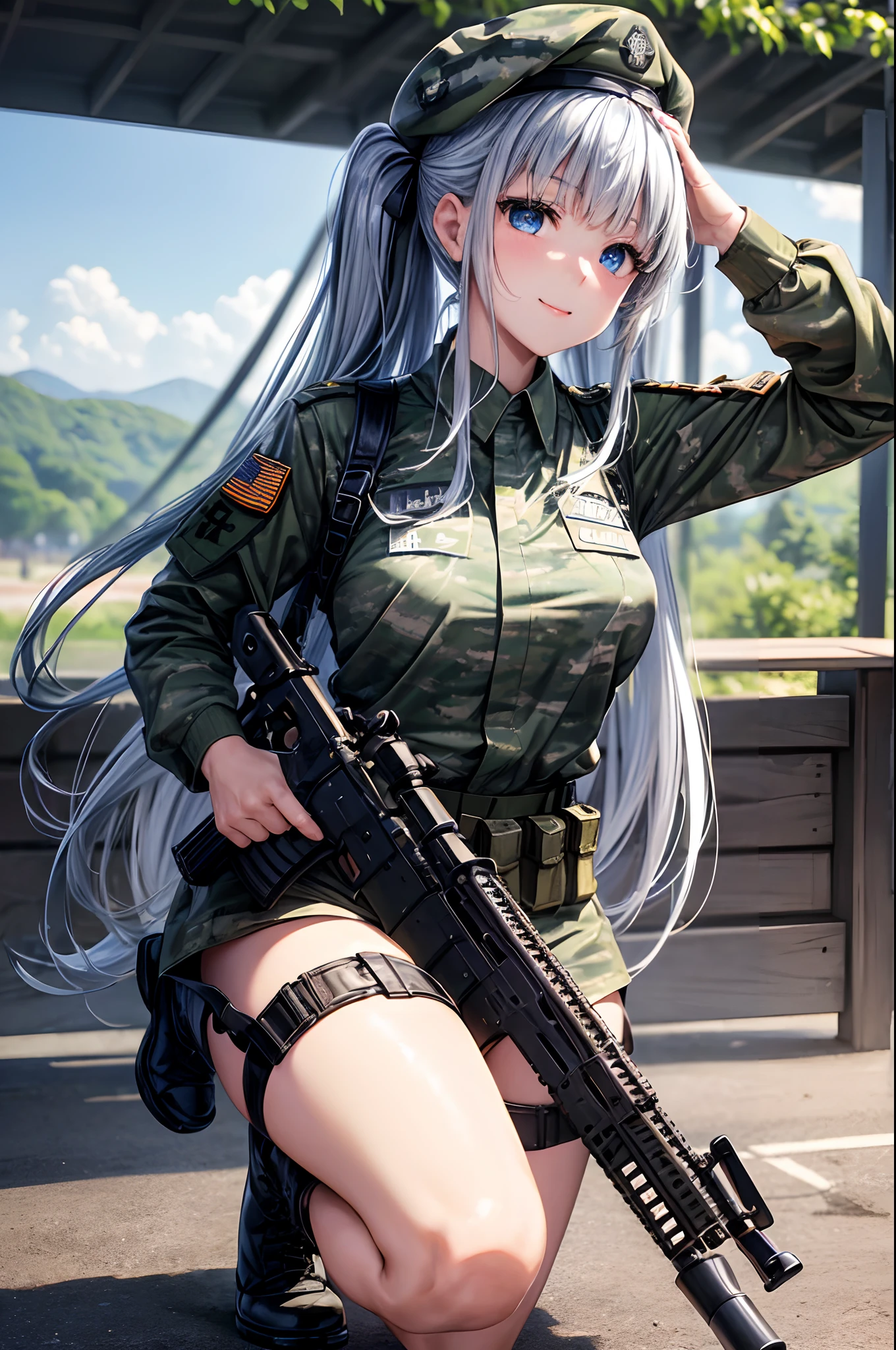 (top-quality、in 8K、32K、​masterpiece、nffsw、超A high resolution、Impresionismo、Photorealsitic:1.2)、Colossal tits、Valley、cowboy  shot、salute pose、 detailed faces and eyes、 Wasteland、battle field、tanks、Jack-o'-lanterns are put into the tank、beauitful face、blurry backround、16-year-old beautiful girl、shinny skin、Military Beret、Black tank top、Beautiful silver hair、poneyTail、Blunt bangs、The eyes are blue eyes、(:1.2)、Military boots、United States Army Official Assault Rifle、Carrying an assault rifle on your back、Curve、Stand on one knee、(Green U.S. Army Official Camouflage Uniform:1.2)、Open your mouth and smile、cross one's legs