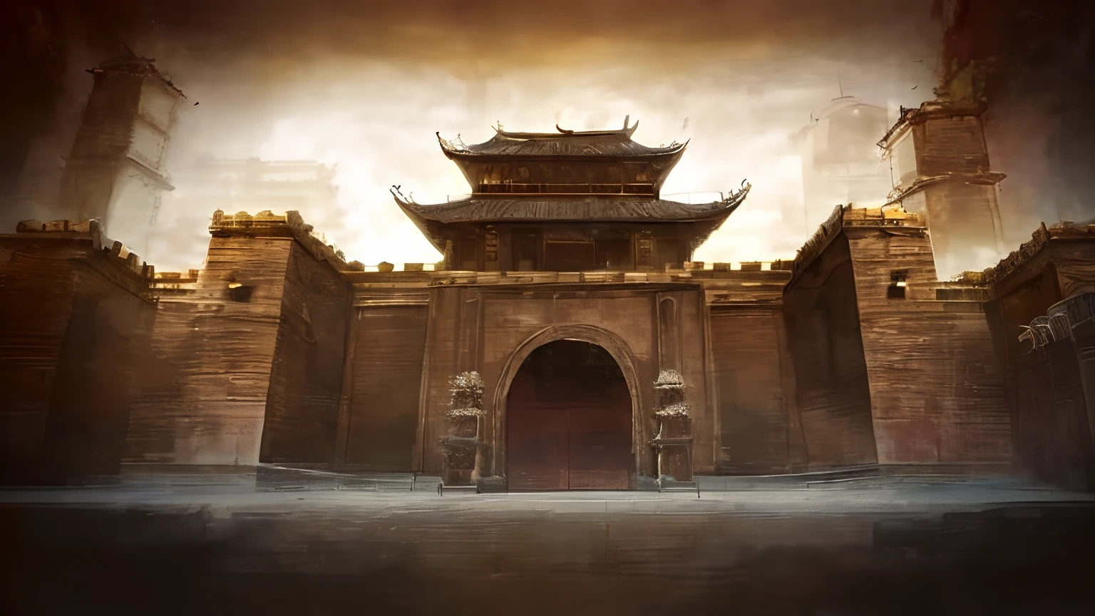 Arafed image of a large building with gates and towers, cyberpunk chinese ancient castle, Temple background, Beautiful rendering of the Tang Dynasty, Tang Dynasty Palace, chinese three kingdoms, fortress gateway, background depicting a temple, palace background, by Yang J, Song Dynasty, Chinese style buildings, Chinese palaces, Chinese fantasy, G Liulian art style, Game CG
