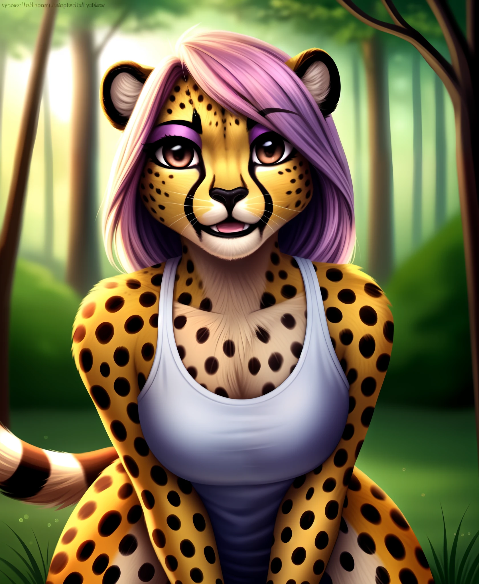 humanoid face, cute female anthro cheetah, (detailed silky cheetah fur:1.2), (cheetah fur), cheetah ears and black nose, BREAK, solo, looking at viewer, outdoors, forest, early morning, blurry background, blurry foreground, BREAK, 1girl, pink colored hair, chin-length hair, detailed humanoid glossy brown eyes, glitter eyeshadow, curved eyebrows, asymmetric , Happy, eyes bright, mouth curved up, cheeks lifted, full body, kneeling, arms behind back, BREAK, detail, lifelike textures, smooth textures, matte textures, glossy textures, edgQuality,