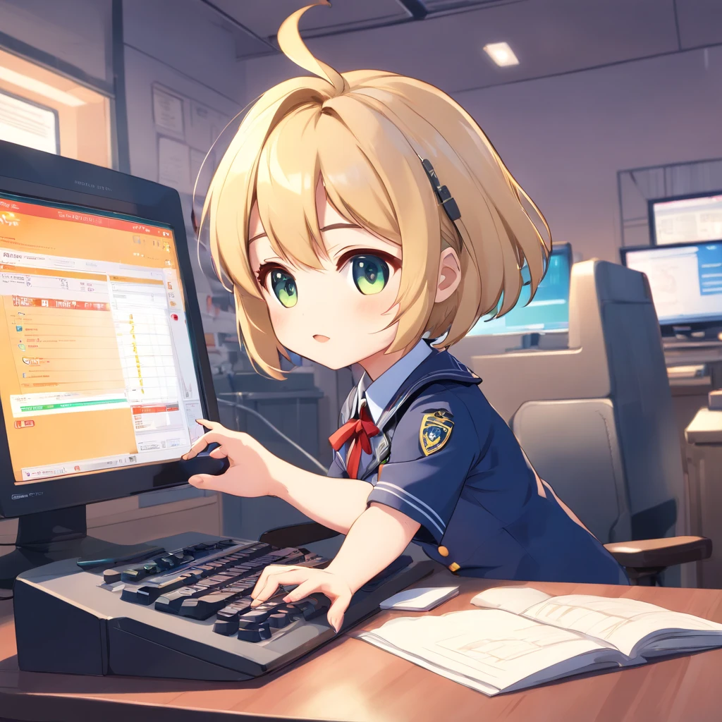 ((Chibi girl playing computer))、Blonde Shorthair Chibi、Pixie Cut Chibi、Chibi in uniform, Chibi,Landscape image