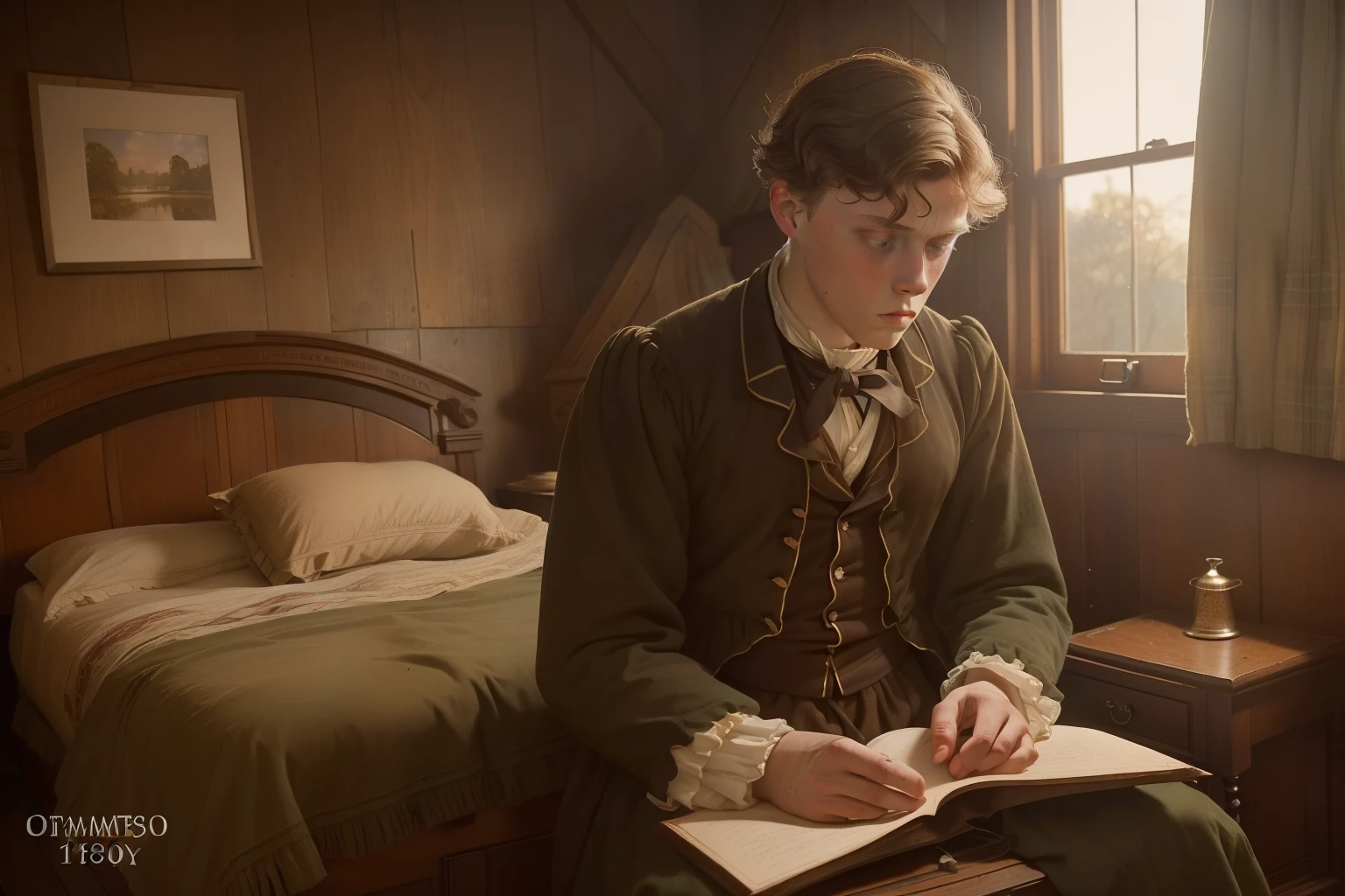 year: 1858. Location: Rock Island, Illinois. Pre-Raphaelite (((15-year-old George MacKay))), crying in his bedroom, heartbreak, ((((rural Clothing from the 1850s)))) ((Hairstyle of the 1850s)), ((("OMITB" cinematography)))