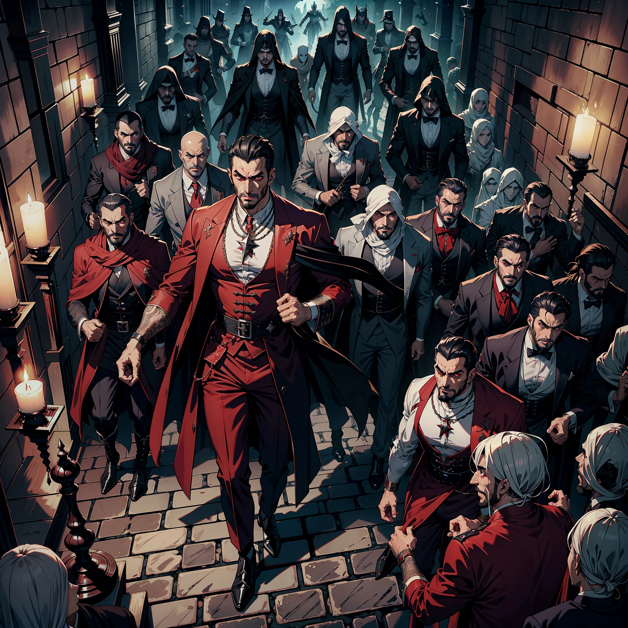 Seigneur arabe marocain Dracula Muscle, fearless, Scary handsome man leading an army of jinns 10 jinns around him War Battle Atmosphere