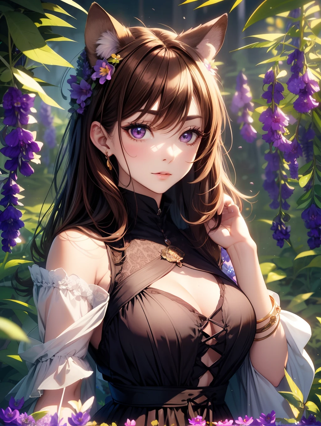 Best Quality, masutepiece, beautiful mature women、Beautiful face、Strong-minded woman、brown long skirt、brown haired、(Brown-eyed)、Longhaire、Undersized eyes、(((Lupine flowers)))、(((In the flower garden of lupine)))