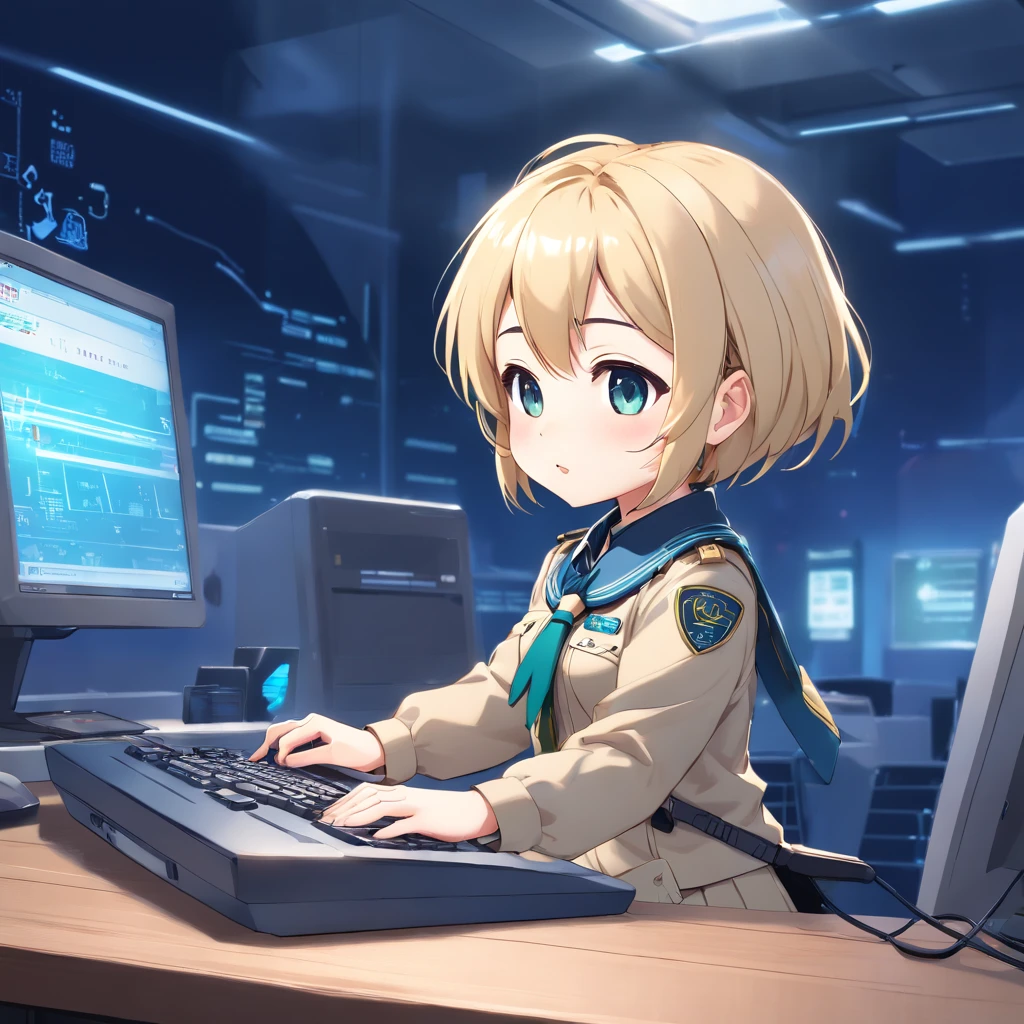 ((Chibi girl playing computer))、cyberpunked、Blonde Shorthair Chibi、Pixie Cut Chibi、Chibi in uniform, Chibi,