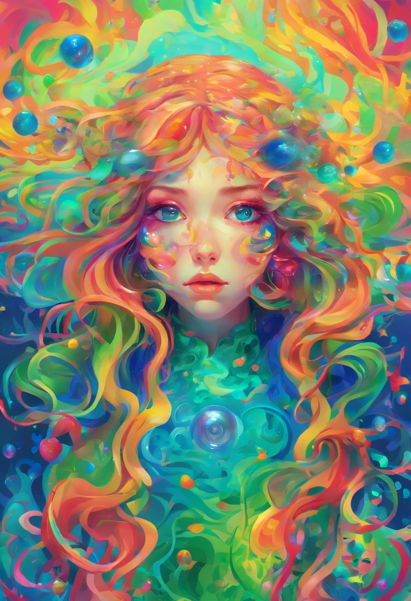 ((top-quality, 8K)), (Realistic), (Face focus: 1.1), (Blue and green: 1.3), kawaii girl, with long coiled hair, multicolour, Colorful, Hair fluttering in the wind, , 4/3. Side smile,Big eyes, Skirt, d-cup breasts, Countless soap bubbles,gold fish
