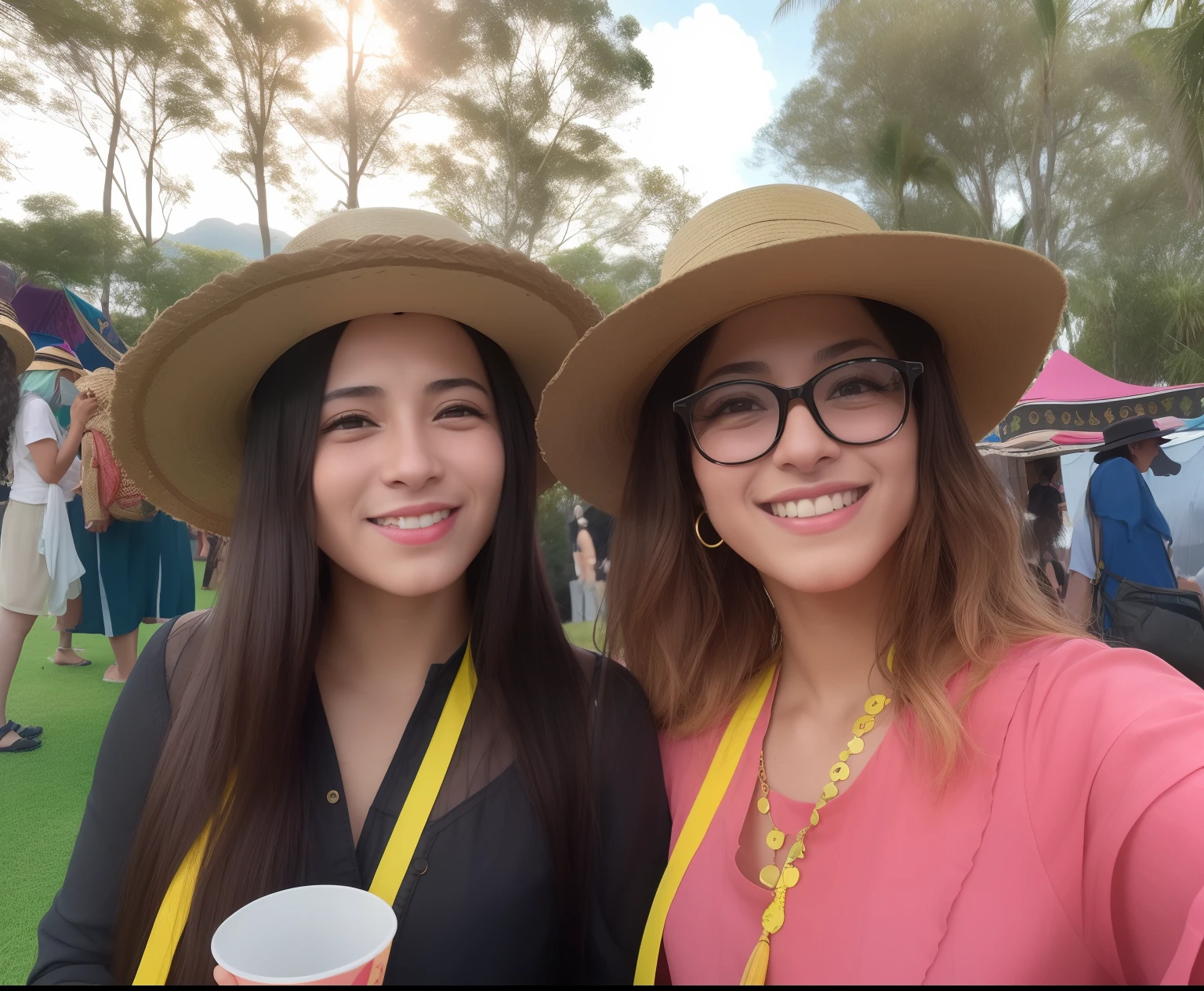Two women wearing hats and holding glasses at a festival, folclore, festival vibes, kalap, middle eastern style vendors, wearing a hat, divertindo-se, Alanis Guillen, festival, both smiling for the camera, Olivia de Bernardinis, wearing a straw hat and overalls, imagem de perfil, wearing a silly hat, imagem do avatar, f2