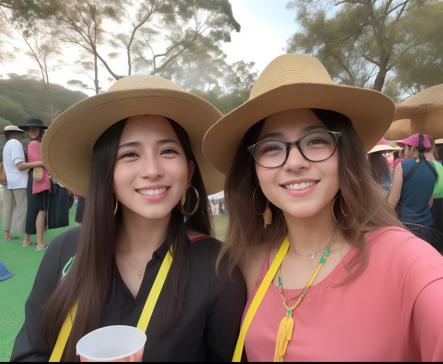 Two women wearing hats and holding glasses at a festival, folclore, festival vibes, kalap, middle eastern style vendors, wearing a hat, divertindo-se, Alanis Guillen, festival, both smiling for the camera, Olivia de Bernardinis, wearing a straw hat and overalls, imagem de perfil, wearing a silly hat, imagem do avatar, f2