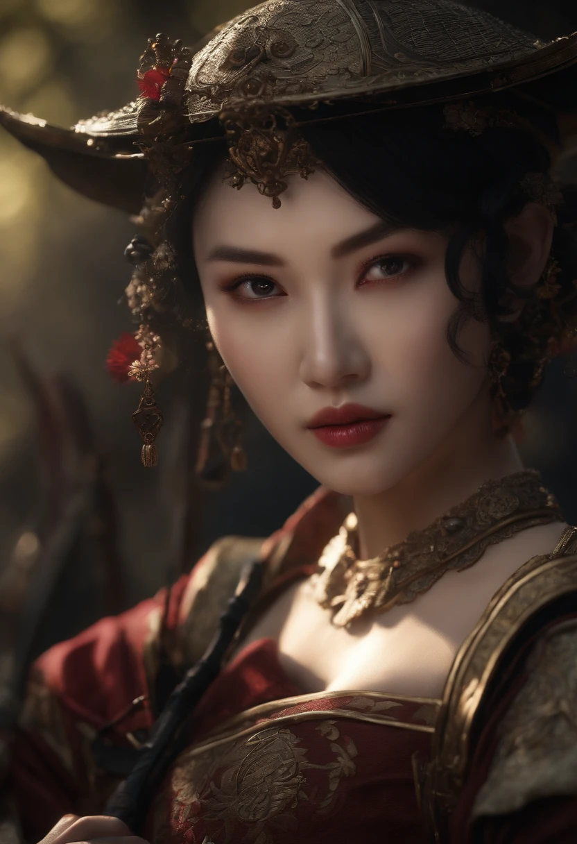 (8K, Best quality, Masterpiece:1.2), (Photorealistic:1.4), RAW photo, Best quality, 超高分辨率, Best shadow, (full bodyesbian:1.4), Women with short hair, Japanese armor, katana swords, Stunning environments at scale, Horror, dark horror, Highly detailed facial features, beautiful and flawless face, Perfect eyes