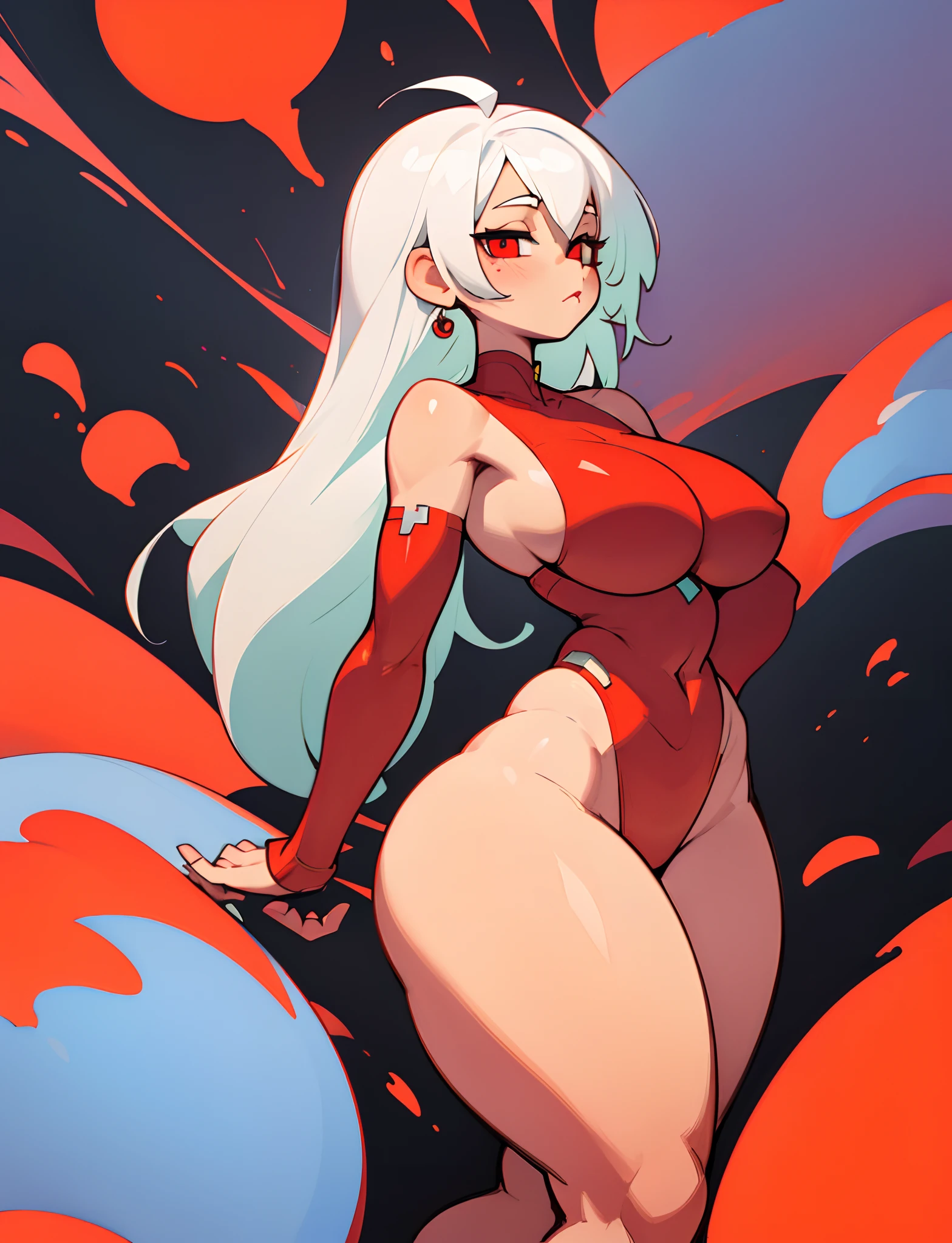 Big , wide hips, cute, white hair, red eyes, thick thighs, side boob, hip dips