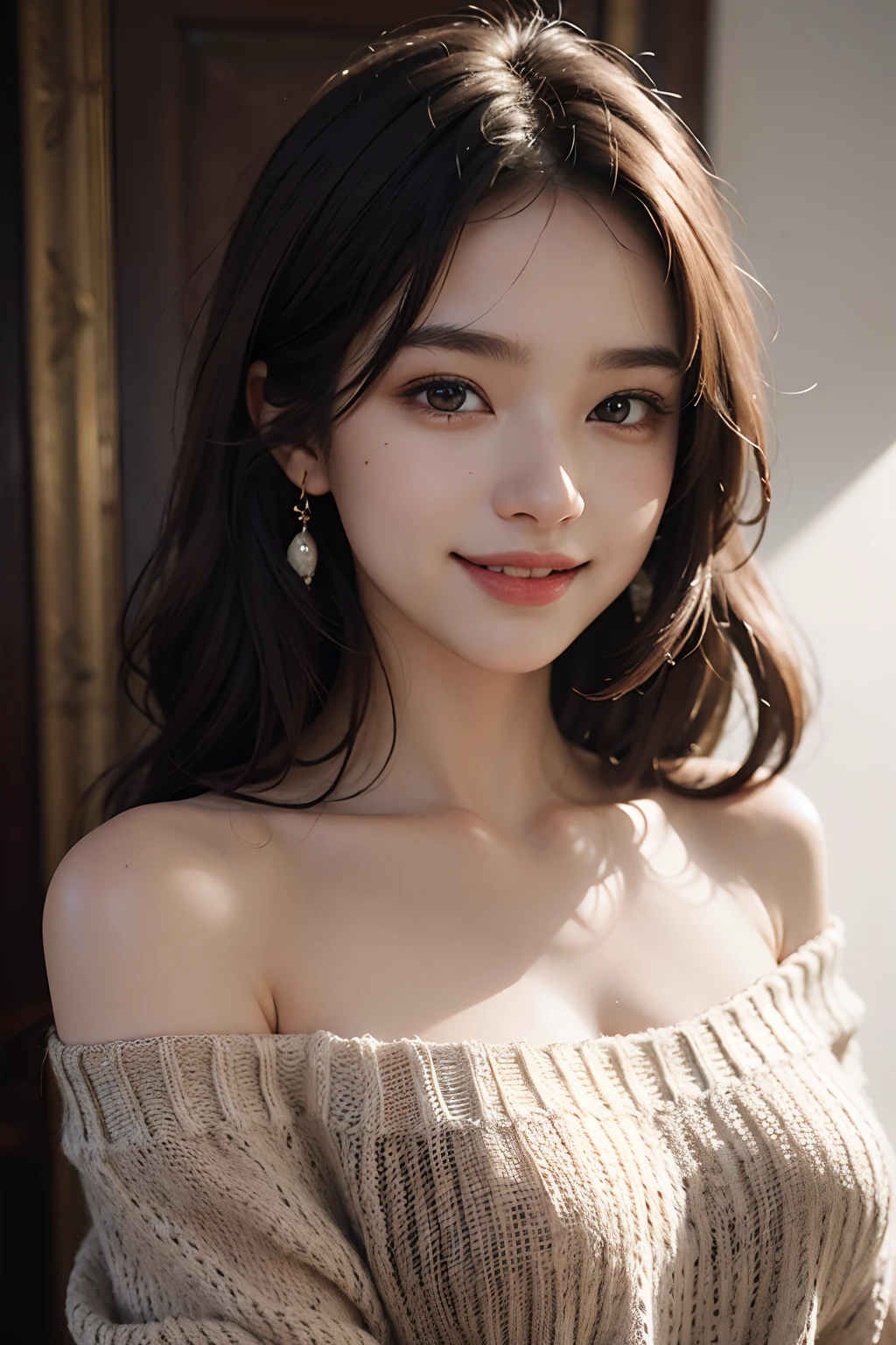 best quality, masterpiece, ultra high res, photorealistic, 1girl, offshoulder, smile, oversized_sweater, soft lighting, detailed skin,brown hair