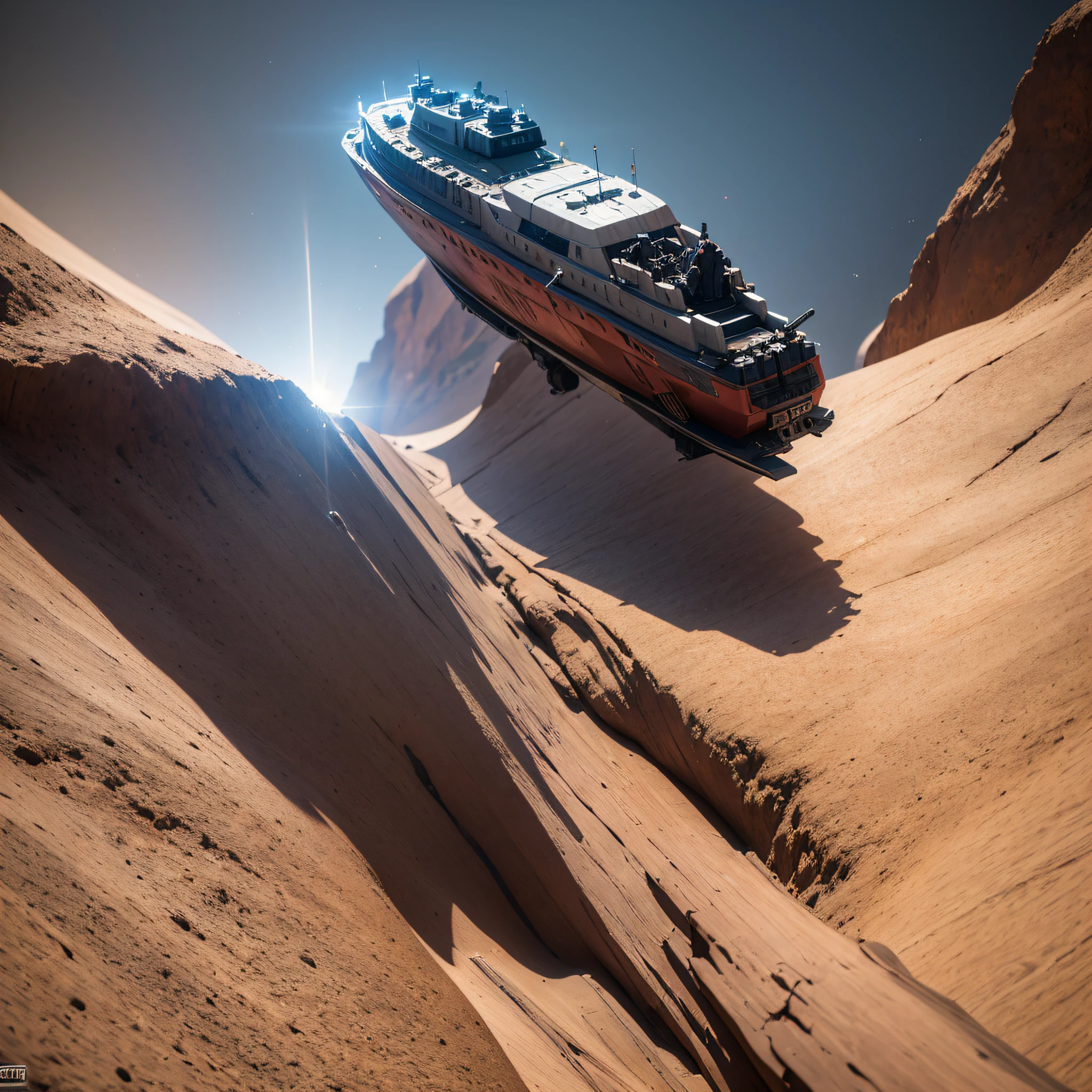 The Great Rift Valley region of the Mo River alluvial plain of Mars,Rock Sugar Onyx Nuclear Power Command Gunship Platinum Cruiser Taxue Red Marble Glow Gunboat Space Station 1:3 Models,mid day,Cyberpunk art of a,Rembrandt light,Detail portrayal,macro shot,surface reflection,high definition detail,Dingdall effect,Light and shadow intensification,The light shines,particle fx,3D modeling,Surface reflected light,detail-rich,Onyx crewneck gunboat