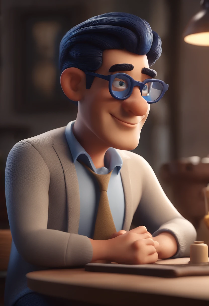 Cartoon character of a man with black glasses and a blue shirt, animation character, Caractere estilizado, animation style rendering, 3D estilizado, Arnold Maya render, 3 d render stylized, toon render keyshot, Personagem 3D, Personagem 3D, 3d rendering stylized, 3 d character render, personagem de desenho animado, Personagem de close up, Pose de personagem, (Estilo Pixar) (master part:1.2) (Bokeh) (best quality) (pele detalhada) (textura detalhada) (8k) (argila) (Cinematic lighting) (foco nítido