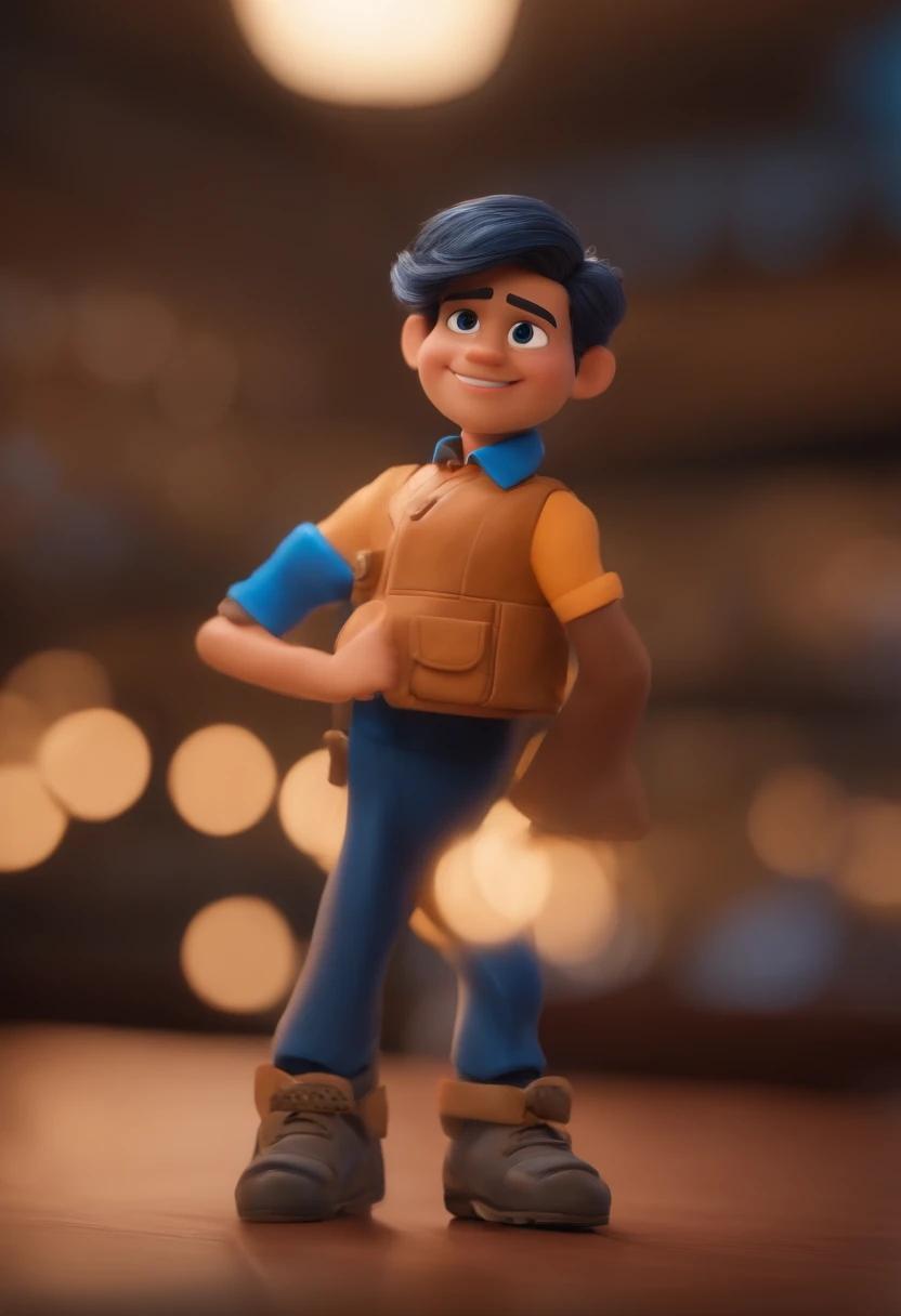Garoto, estilo disney, tom de pele: claro: Cabelo: marrom escuro, liso, curto, penteado para o lado direito. camisa: social, Cor azul. Fundo: Gray and white gradient,Comemorando, Hands raised, sorrindo, feliz, (estilo pixar) (obra-prima:1.2) (bokeh) (melhor qualidade) (pele detalhada) (textura detalhada) (8k) (claymation) (cinematic lighthing) (foco nítido