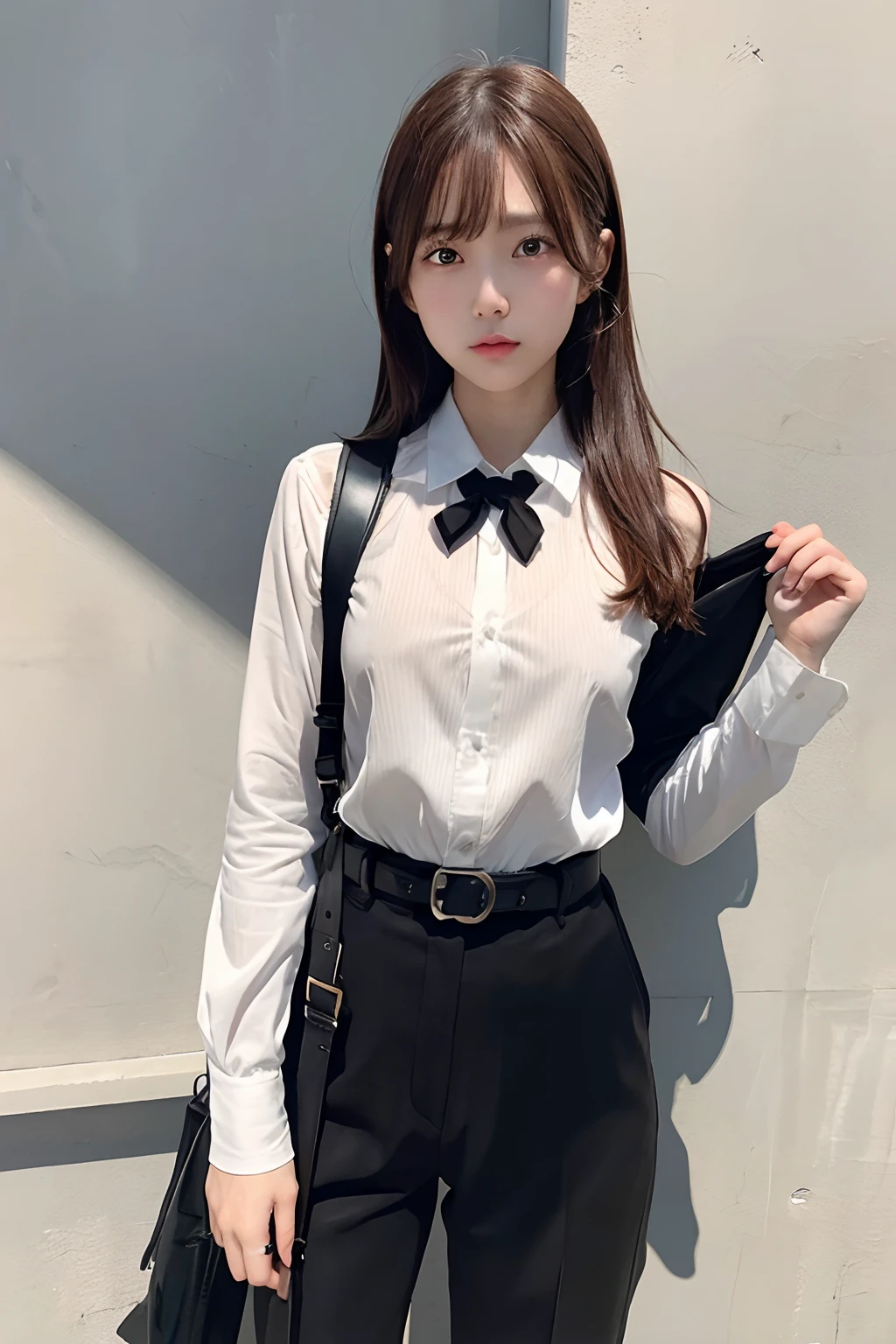 (Masterpiece), (Ultra High Definition: 1.0), (Detail, Masterpiece, Delicate, Detailed), (Beautiful and cute girl with white and smooth skin), (hair in a light brown tie), (face), (portrait), (wearing office clothes), (wearing a black tie), (wearing a black skirt), (being in the supermarket)