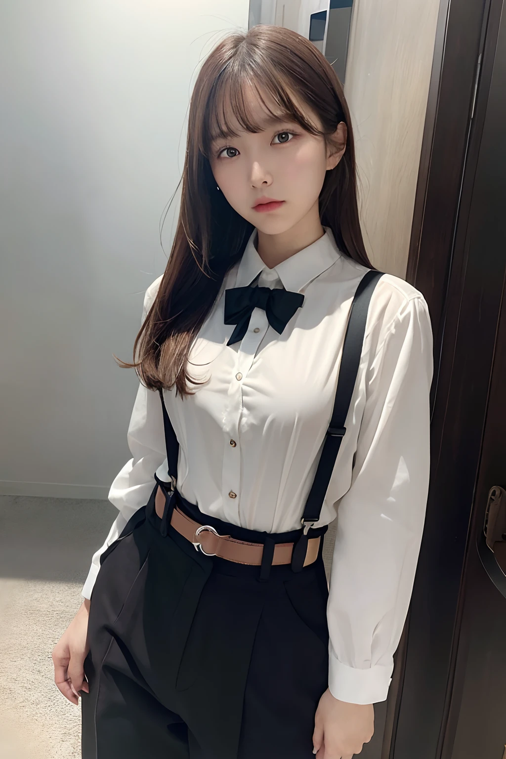 masterpiece、flat-colors、depth of fields、lens flare 1 girl、、Brown hair、watching at viewers a belt black suspenders huge-breasted Armpit sweat perspiring Side of both hands walls: Black pants, Black jacket holster arm Leg holster arma Gaze Small face