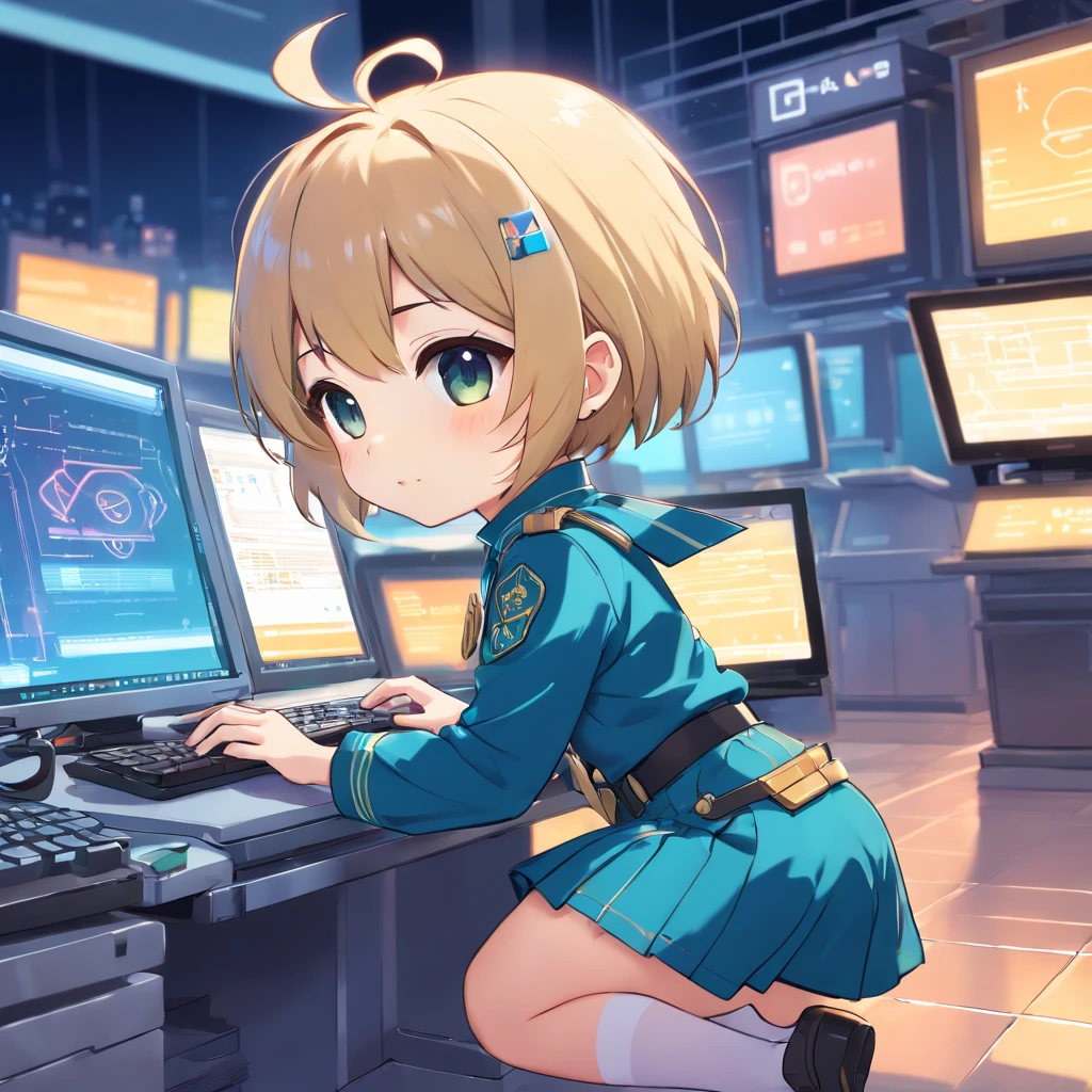 ((Chibi girl playing computer))、cyberpunked、neons、Blonde Shorthair Chibi、Pixie Cut Chibi、Chibi in uniform, Chibi,