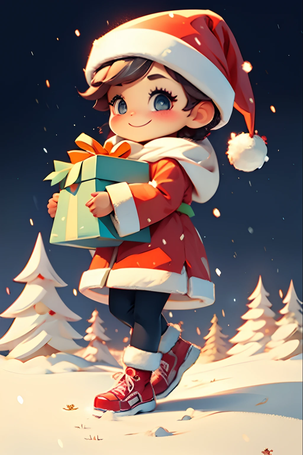 Santa Claus happily carrying presents、Santa is a pretty girl、Chibi Doll、Stars in the eyes(kirakira)、Eye Up、Laugh、Cute red shoes、foco nítido, Ultra Detail, radiant light、bio luminescent、snowscape、It's snowing、Draw a large snowflake in the foreground、Taken from the side、Stronger bokeh effect