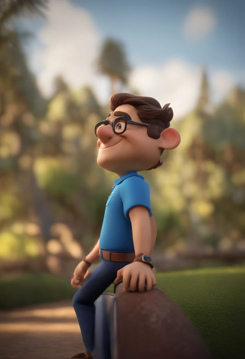 Cartoon character of a man wearing black glasses and a blue shirt, um personagem animado, Caractere estilizado, animation style rendering, 3D estilizado, Arnold Maya render, 3 d render stylized, toon render keyshot, Personagem 3D, Personagem 3D, 3d rendering stylized, 3 d character render, personagem de desenho animado, Personagem de close up, Pose de personagem, (Estilo Pixar) (master part:1.2) (Bokeh) (best quality) (pele detalhada) (textura detalhada) (8k) (argila) (Cinematic lighting) (foco nítido,Senta e vaza a parte superior do corpo