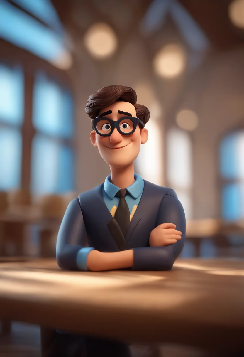 Cartoon character of a man wearing black glasses and a blue shirt, um personagem animado, Caractere estilizado, animation style rendering, 3D estilizado, Arnold Maya render, 3 d render stylized, toon render keyshot, Personagem 3D, Personagem 3D, 3d rendering stylized, 3 d character render, personagem de desenho animado, Personagem de close up, Pose de personagem, (Estilo Pixar) (master part:1.2) (Bokeh) (best quality) (pele detalhada) (textura detalhada) (8k) (argila) (Cinematic lighting) (foco nítido,Senta e vaza a parte superior do corpo