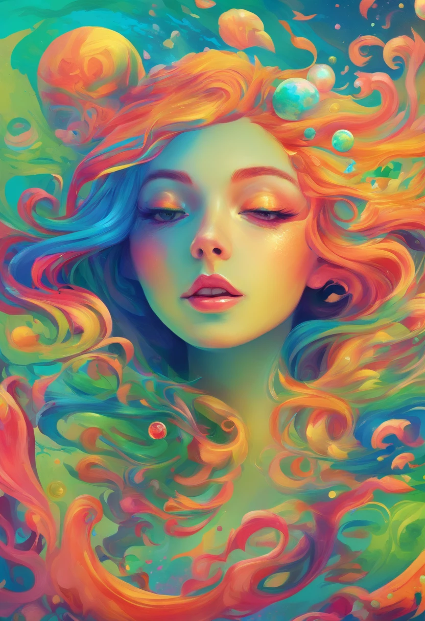 ((top-quality, 8K)), (Realistic), (Face focus: 1.1), (Blue and green: 1.3), kawaii girl, with long coiled hair, multicolour, Colorful, Hair fluttering in the wind, , Smile head-on,Big eyes, Skirt, d-cup breasts, Countless soap bubbles,gold fish