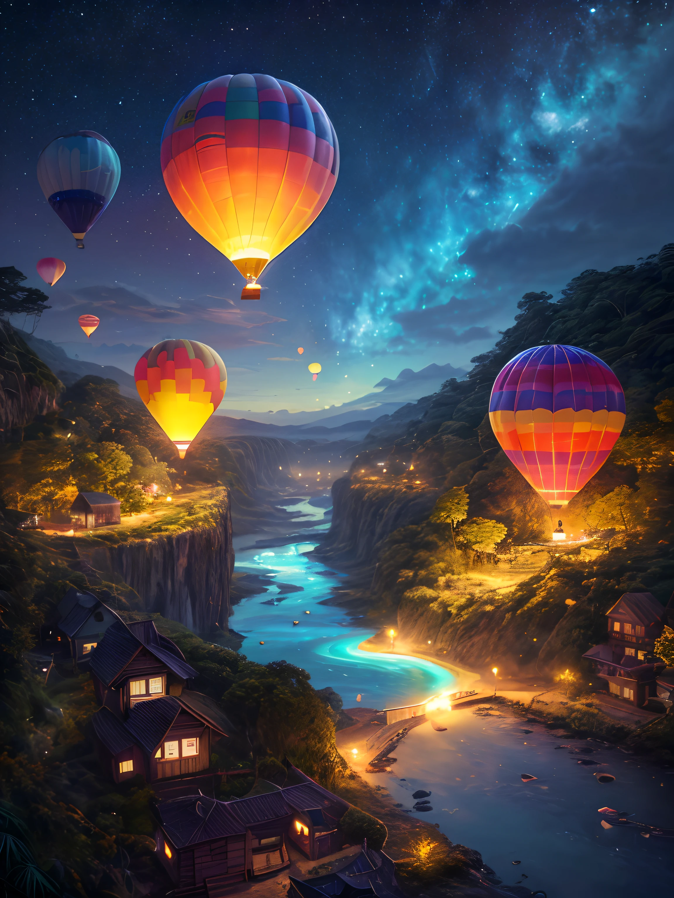 (Best quality,4K,8K,A high resolution,Masterpiece:1.2),natta, Some colorful hot air balloons in the sky, Magnificent night sky, Bright moon, The ground is jungle, There are wooden houses with lights on，The clear river runs through the jungle