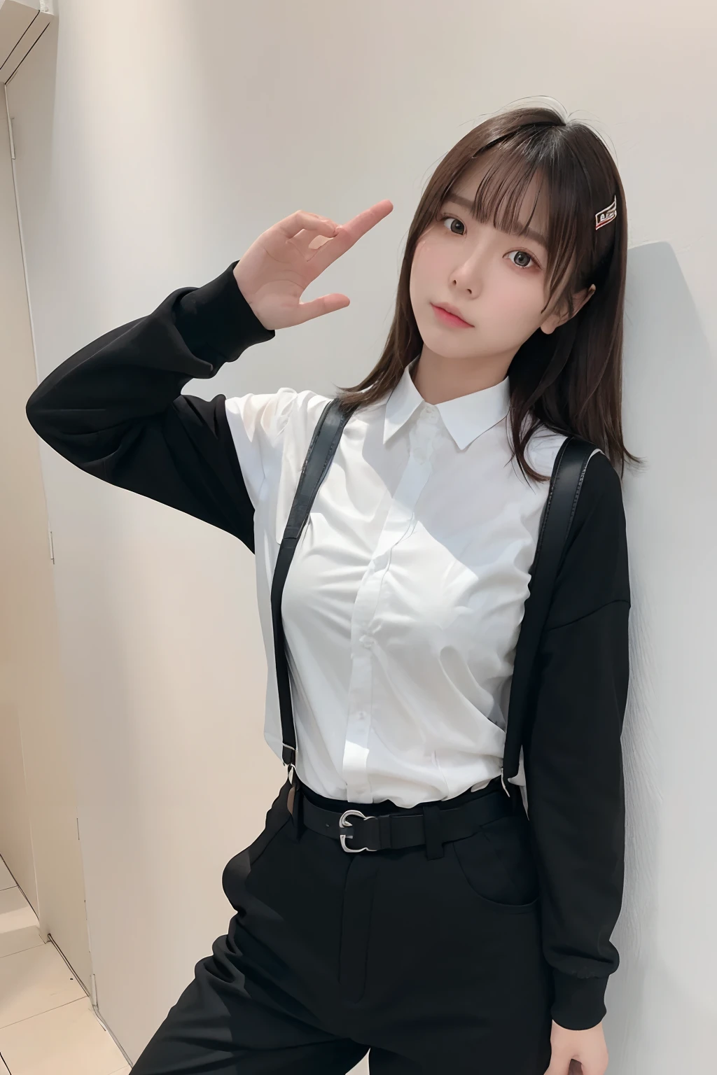 ​masterpiece、flat-colors、depth of fields、lens flare 1 girl、、Brown hair、watching at viewers　　　　a belt　black suspenders　　　huge-breasted　　　 　 Armpit sweat　perspiring　Side of both hands　　walls: 　Black pants, Black jacket holster　arm　Leg holster　　　arma　Gaze　　　Small face
