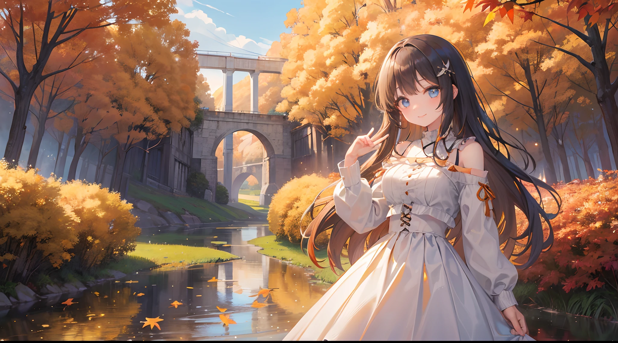 (top-quality), (masterpiece)、(ultla detailed)、(Beautiful girl alone)、(cute little)、20yr old、(White sweater:1.2)、(off shoulders)、Black bustier、long-sleeve、(Orange plaid prairie skirt)、(long skirt)、(Mountain background full of orange trees)、Suspension bridge、(autumnal:1.3)、Standing、lightbrown hair、(Half Up Hair:1.5)、(blue eyess)、A detailed eye、A detailed face、A smile、Pointing、Colossal tits、length hair、(Cowboy Shot)、from above、(Hair curtains)、the panorama、(wide Shots)、Daytime、plein air