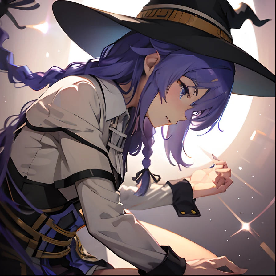 masuter piece, Best Quality, 超A high resolution, top-quality, Anime style, mushoku tensei, Roxy, Blue-purple hair, Big witch's hat, Long braids, free pose