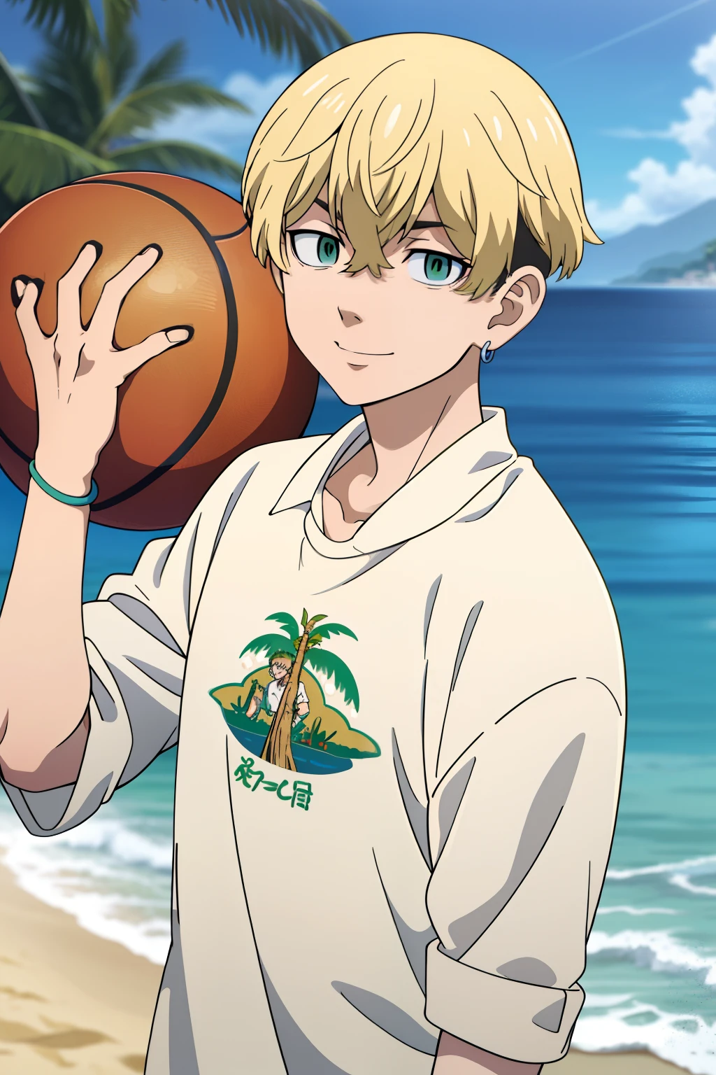 masutepiece, Best Quality, High quality, 1boy, Solo, Male Focus, Looking at Viewer, Chifuyu Matsuno, Blonde hair, Short hair, earrings, Jewelry, Bangs, hair between eye, Single earring, Green eyes, Undercut, Beach, ocean, Aloha shirts, Open Shirt, Open your clothes, eyewear on head, Smile、I'm playing basketball。