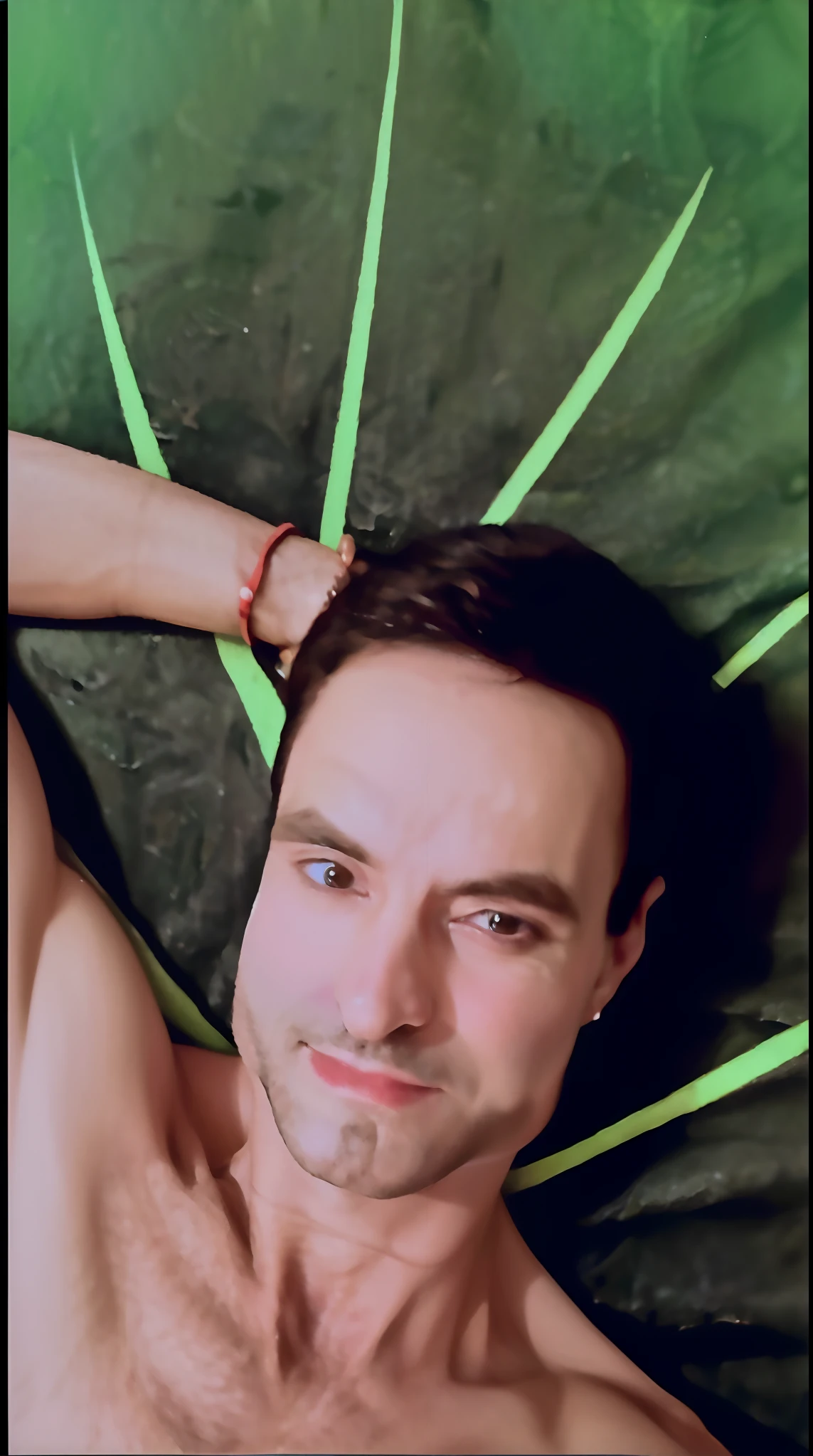 There's a man lying on a green leaf with his hands on his head, inspirado em Ludovit Fulla, imagem de qualidade muito baixa, pele de cor verde!!, imagem do avatar, foto de perfil, foto de perfil, Fotografia selfie 8k, pele verde!, foto do perfil, Raphael Personnaz, foto do snapchat, photo shoot, Upload de alta qualidade, album photo, 🌻🎹🎼